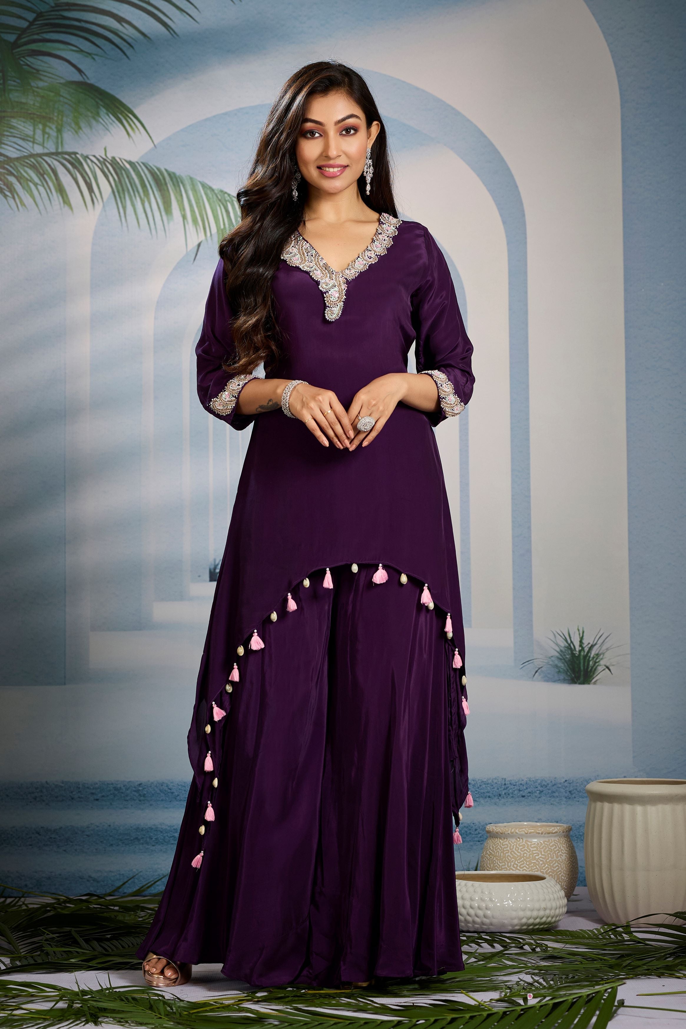 Deep Purple Embellished Crepe Silk Kurta Set