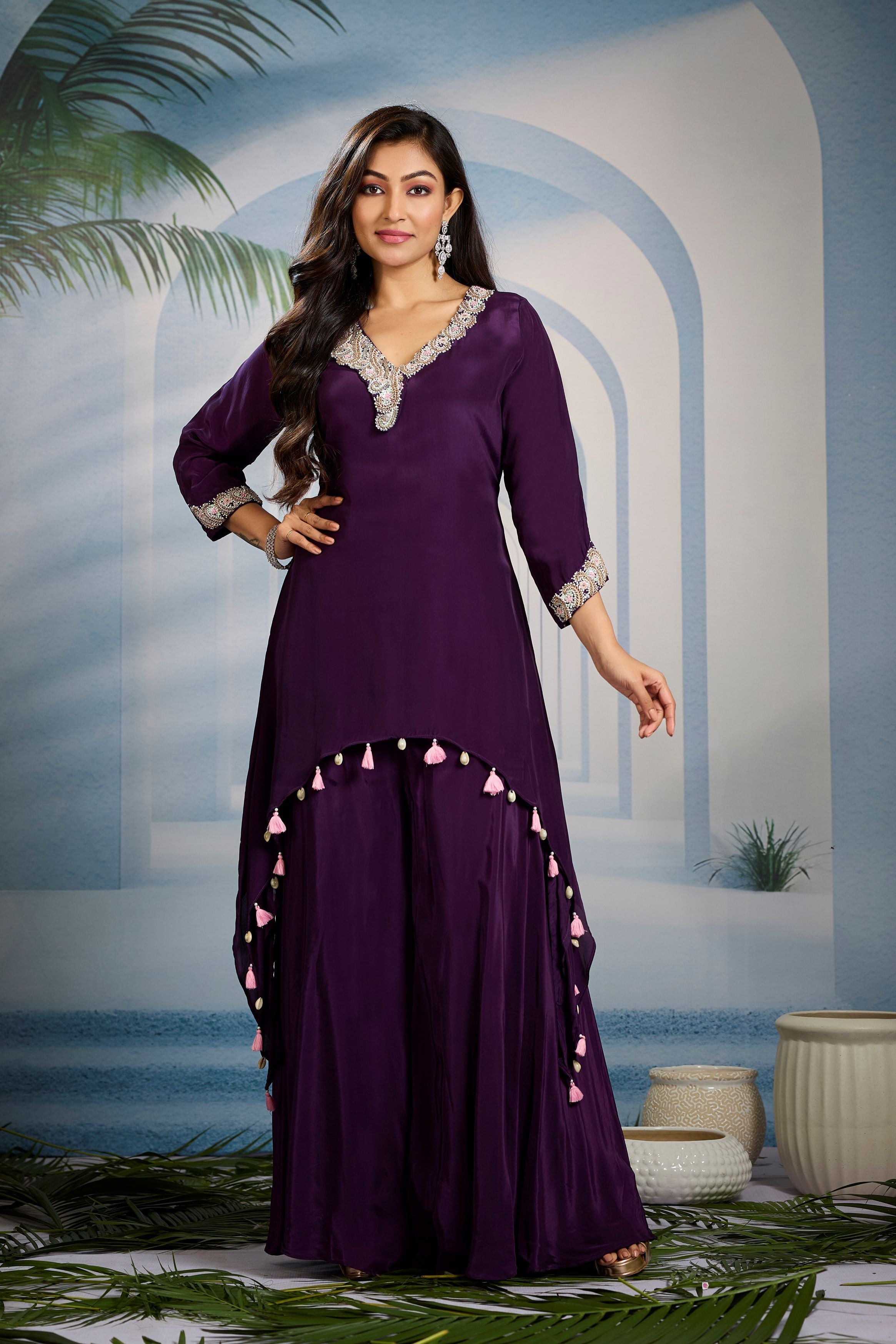 Deep Purple Embellished Crepe Silk Kurta Set