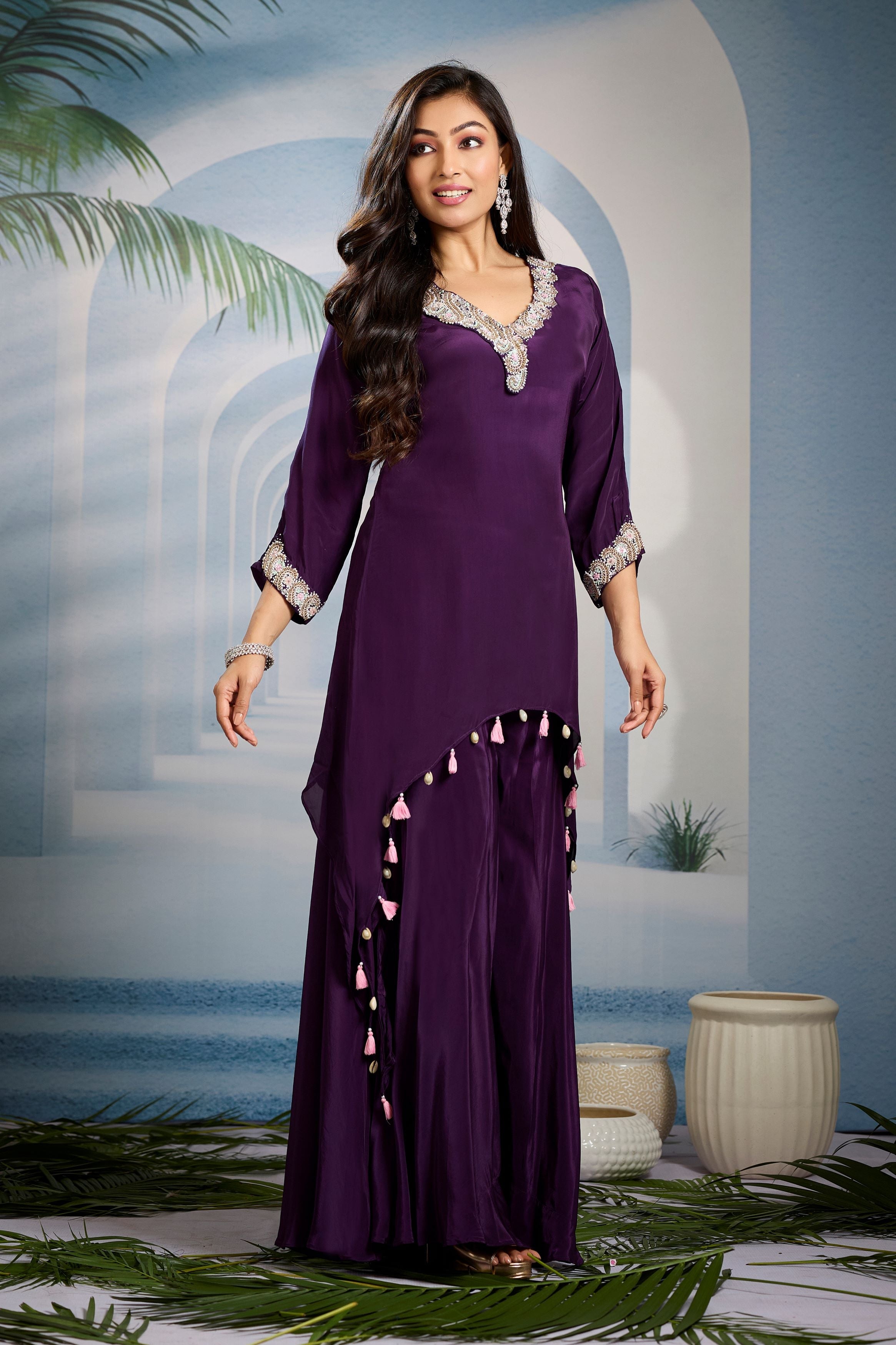 Deep Purple Embellished Crepe Silk Kurta Set