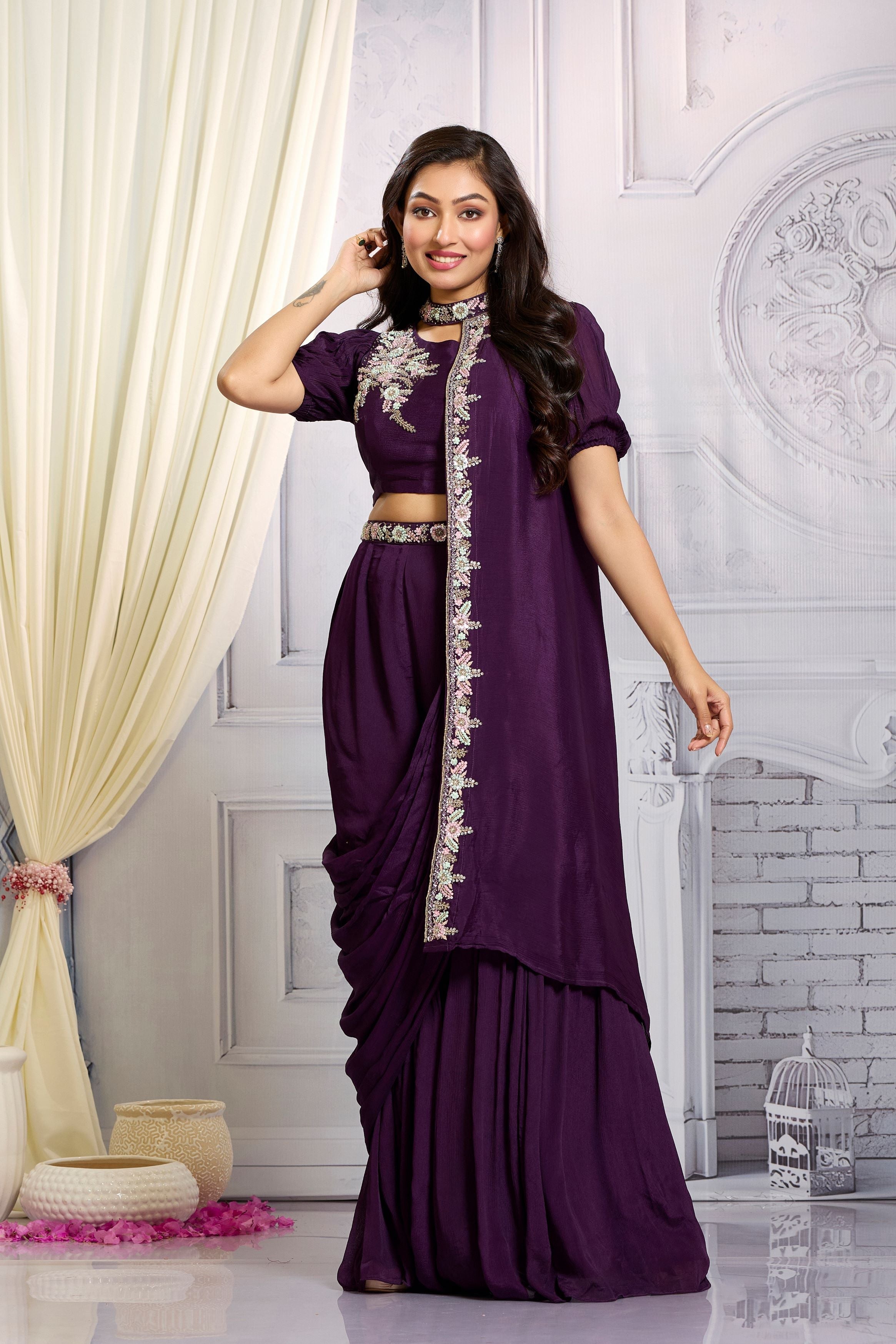 Imperial Purple Embellished Chinon Silk Drape Crop Top Sharara Set