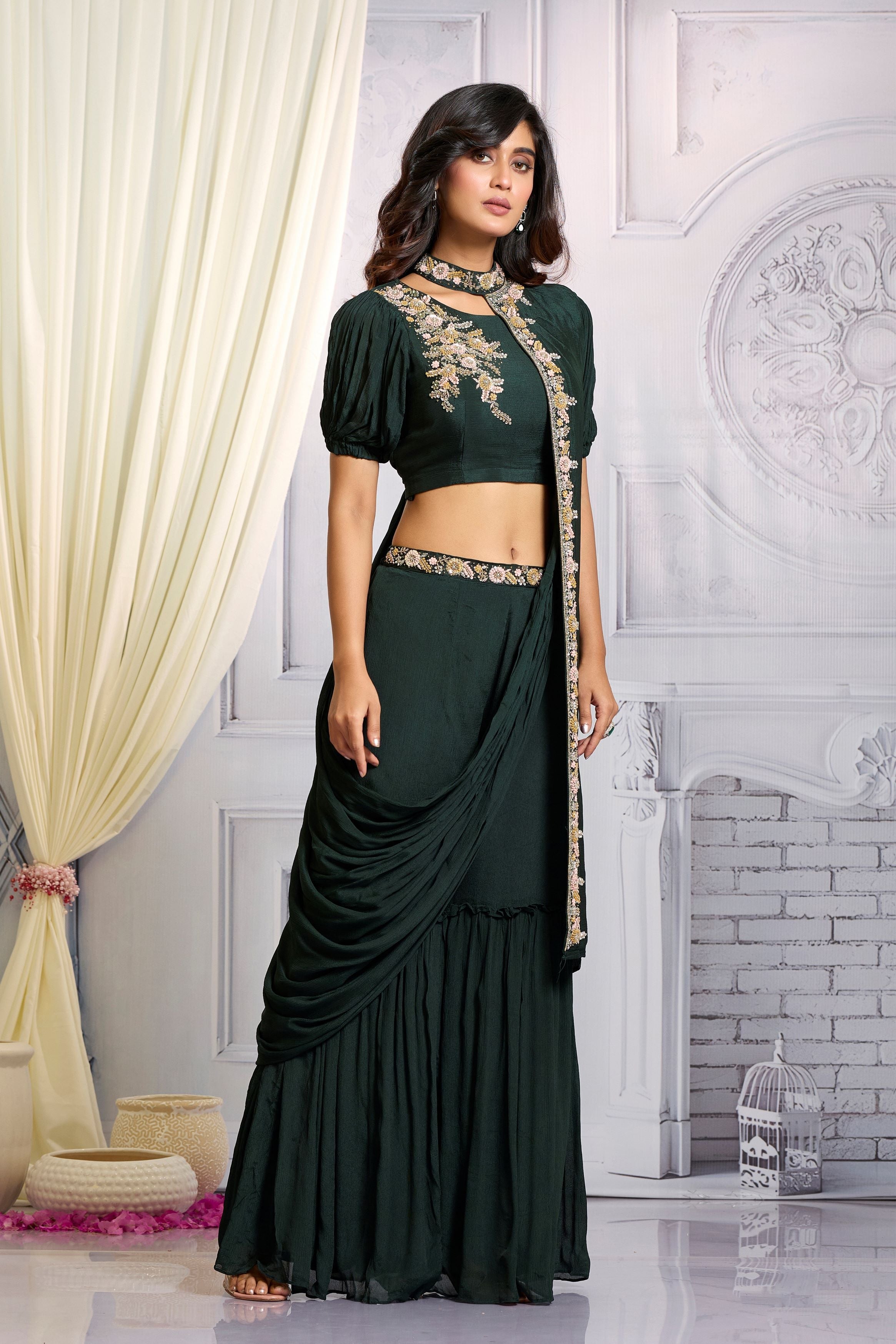 Bottle Green Embellished Chinon Silk Drape Crop Top Sharara Set