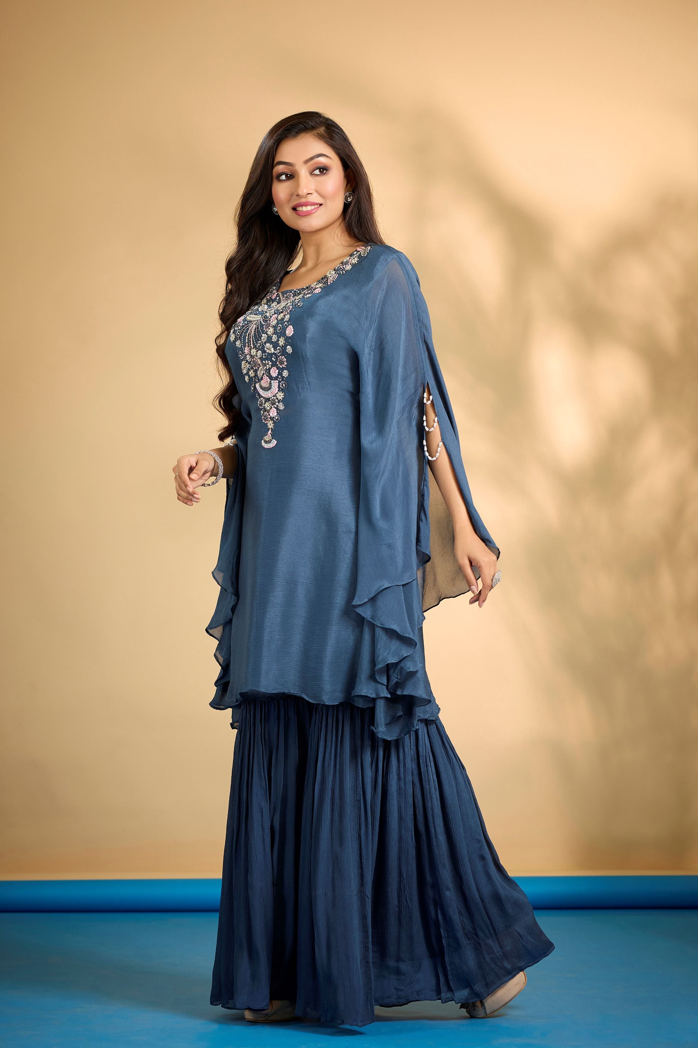 Dark Teal Embellished Chinon Silk Kaftan Set