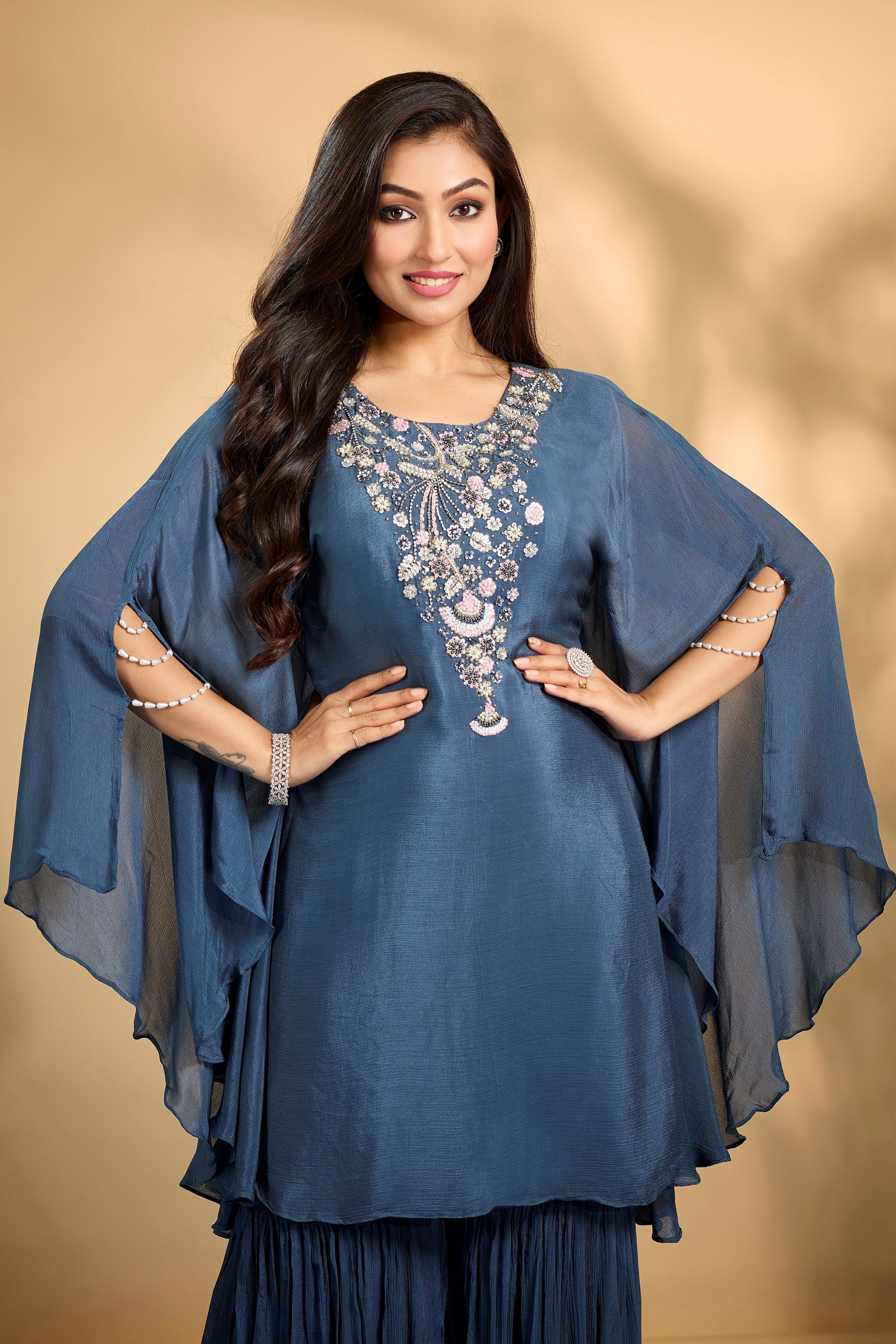 Dark Teal Embellished Chinon Silk Kaftan Set