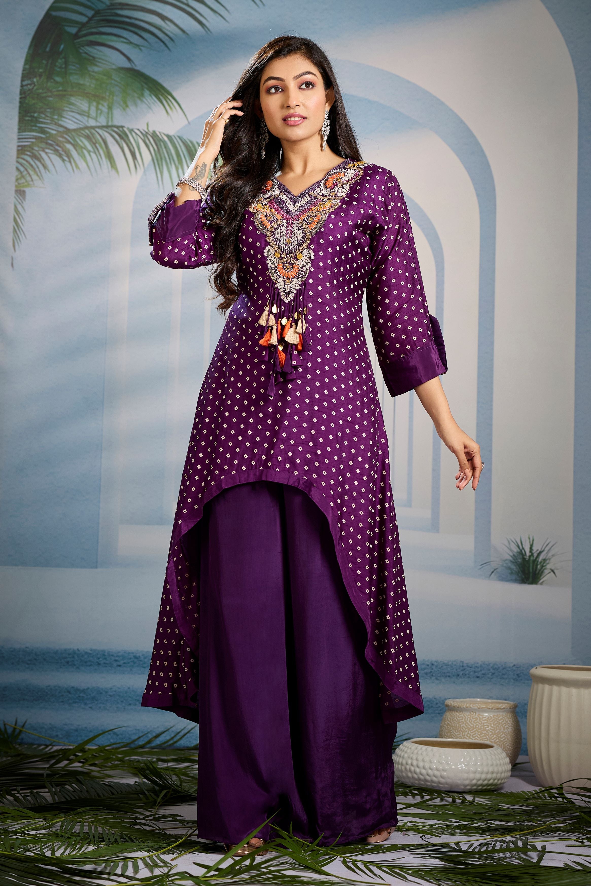 Deep Purple Bandhani Printed Kurta Set