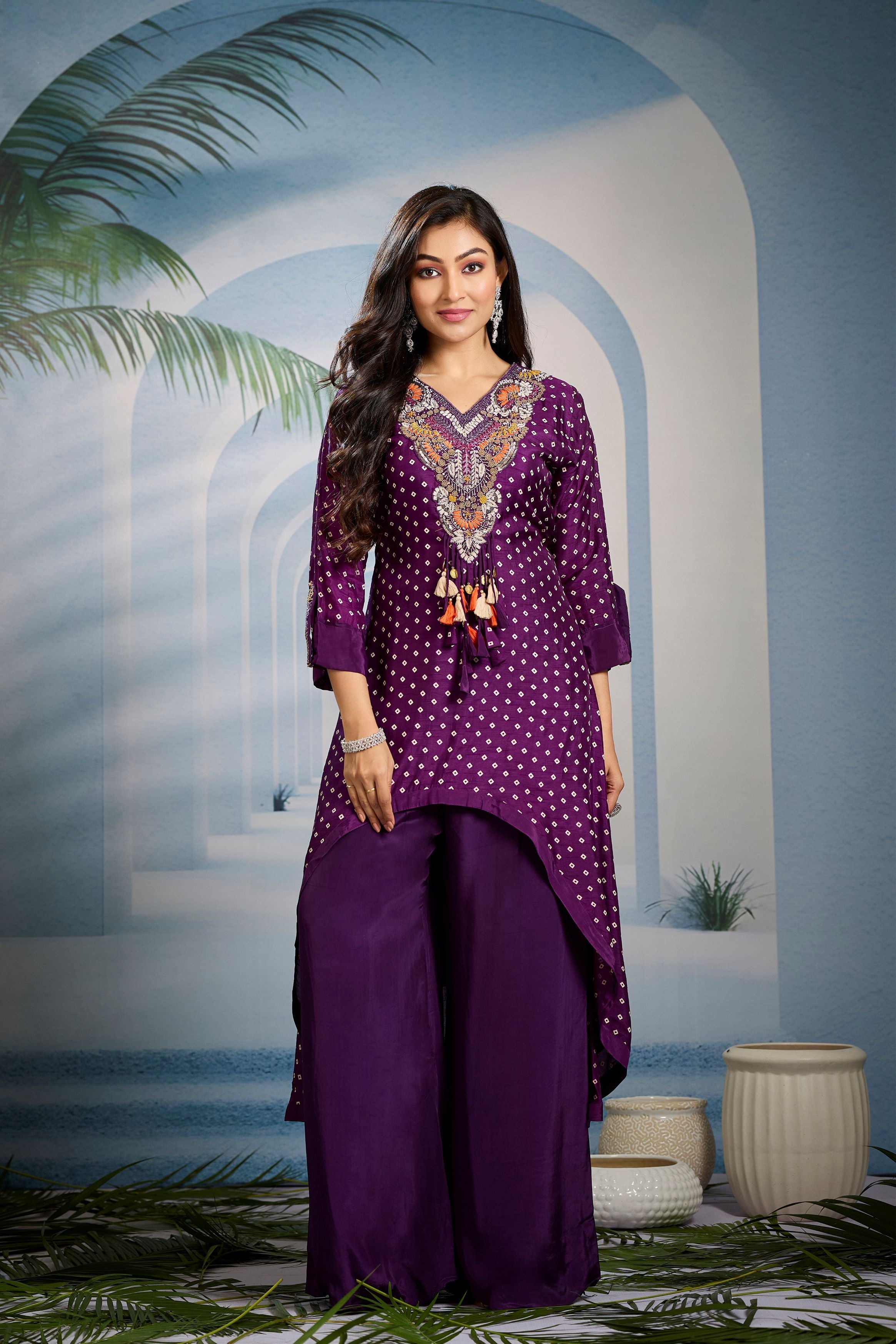 Deep Purple Bandhani Printed Kurta Set