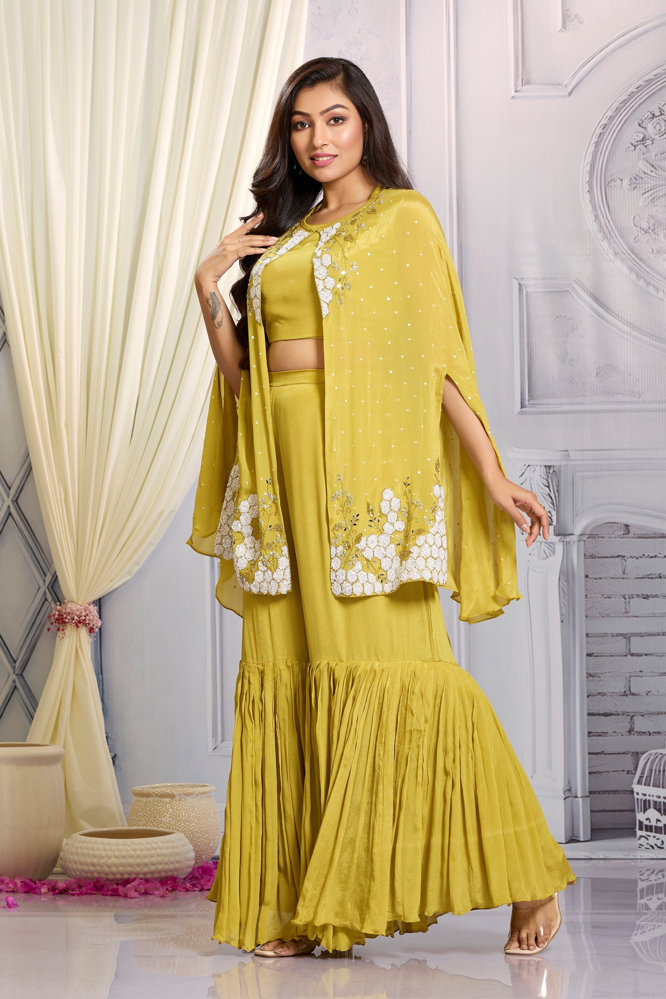 Mustard Embellished Chinon Silk Cape Set