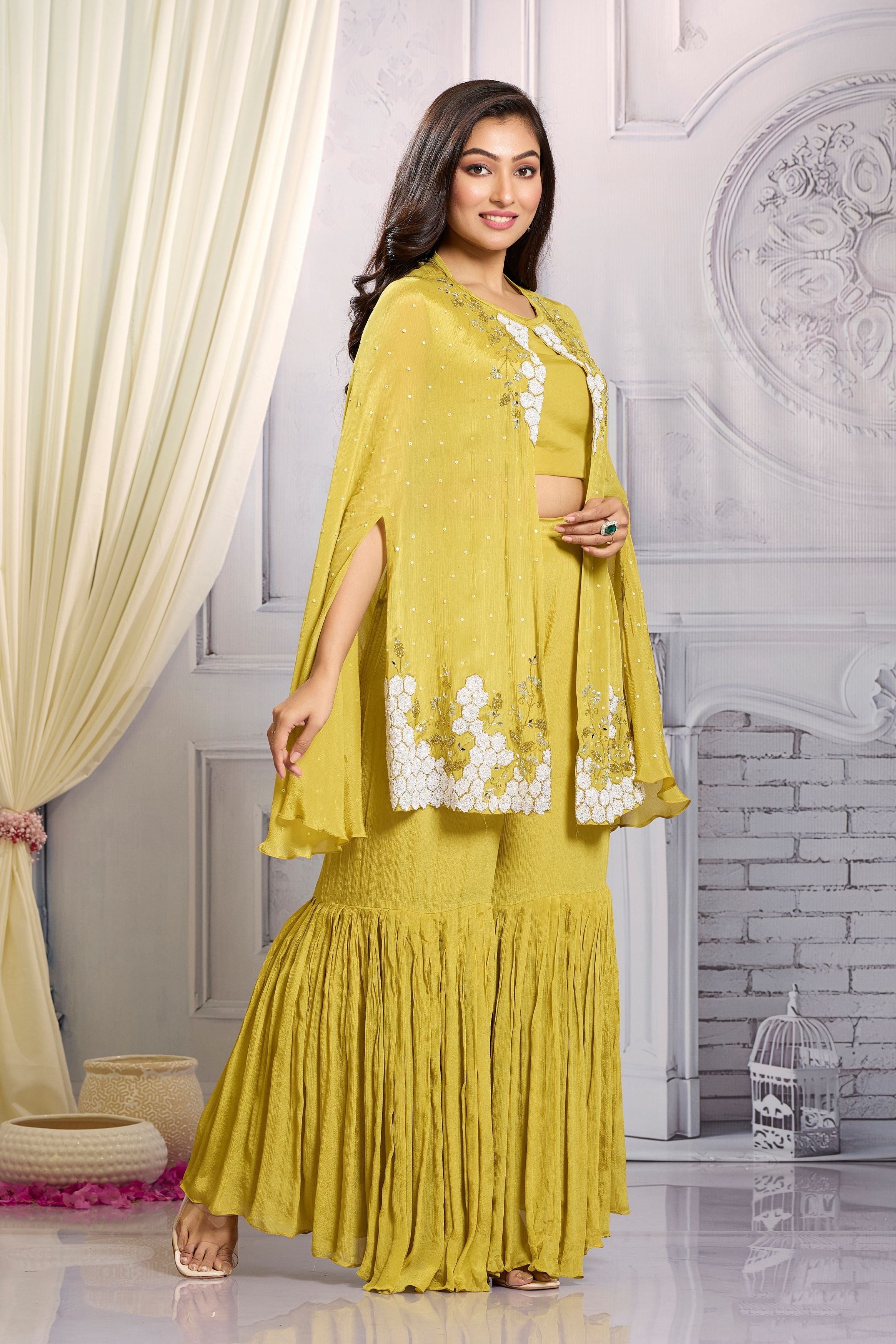 Mustard Embellished Chinon Silk Cape Set