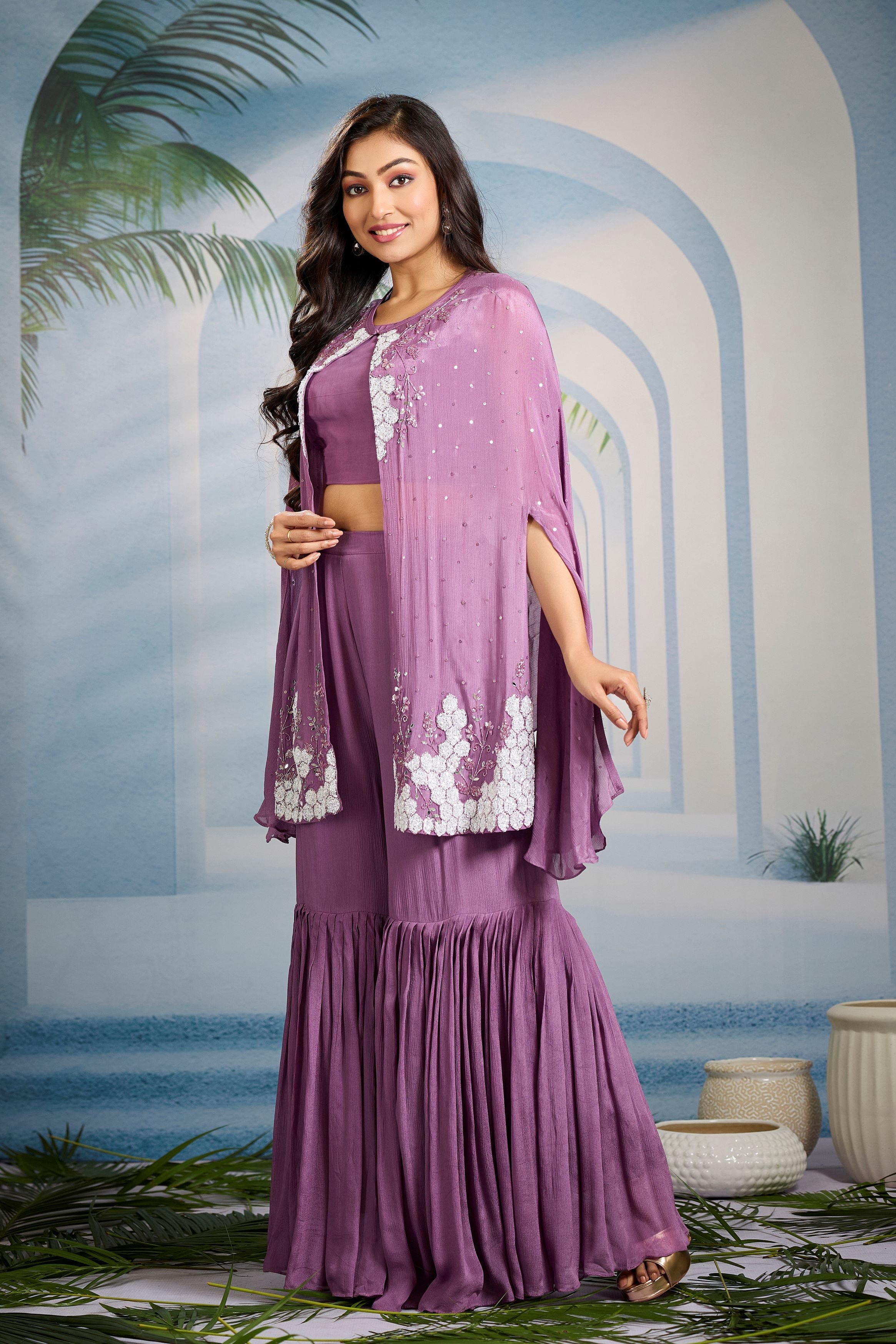 Pastel Purple Embellished Chinon Silk Cape Set