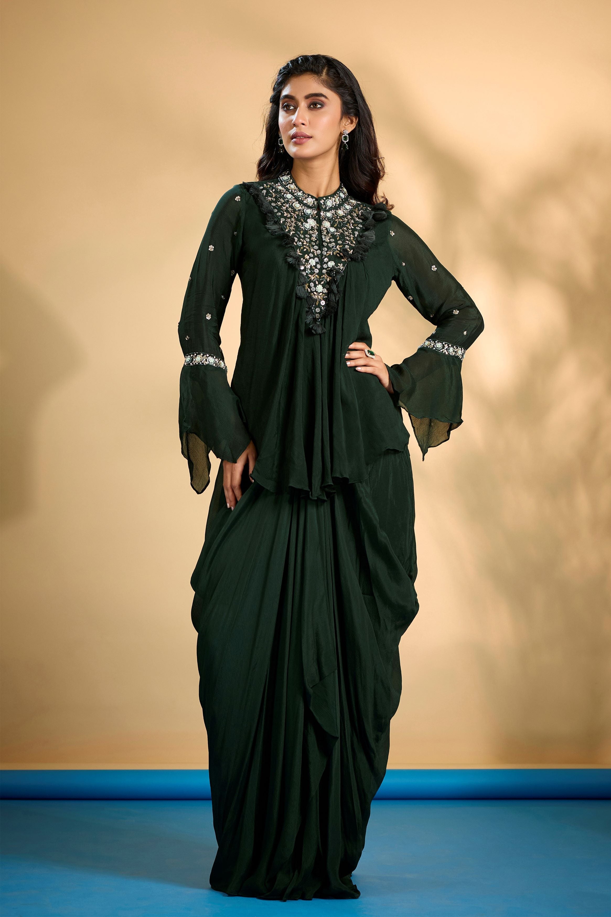 Bottle Green Embellished Chinon Silk Skirt Set