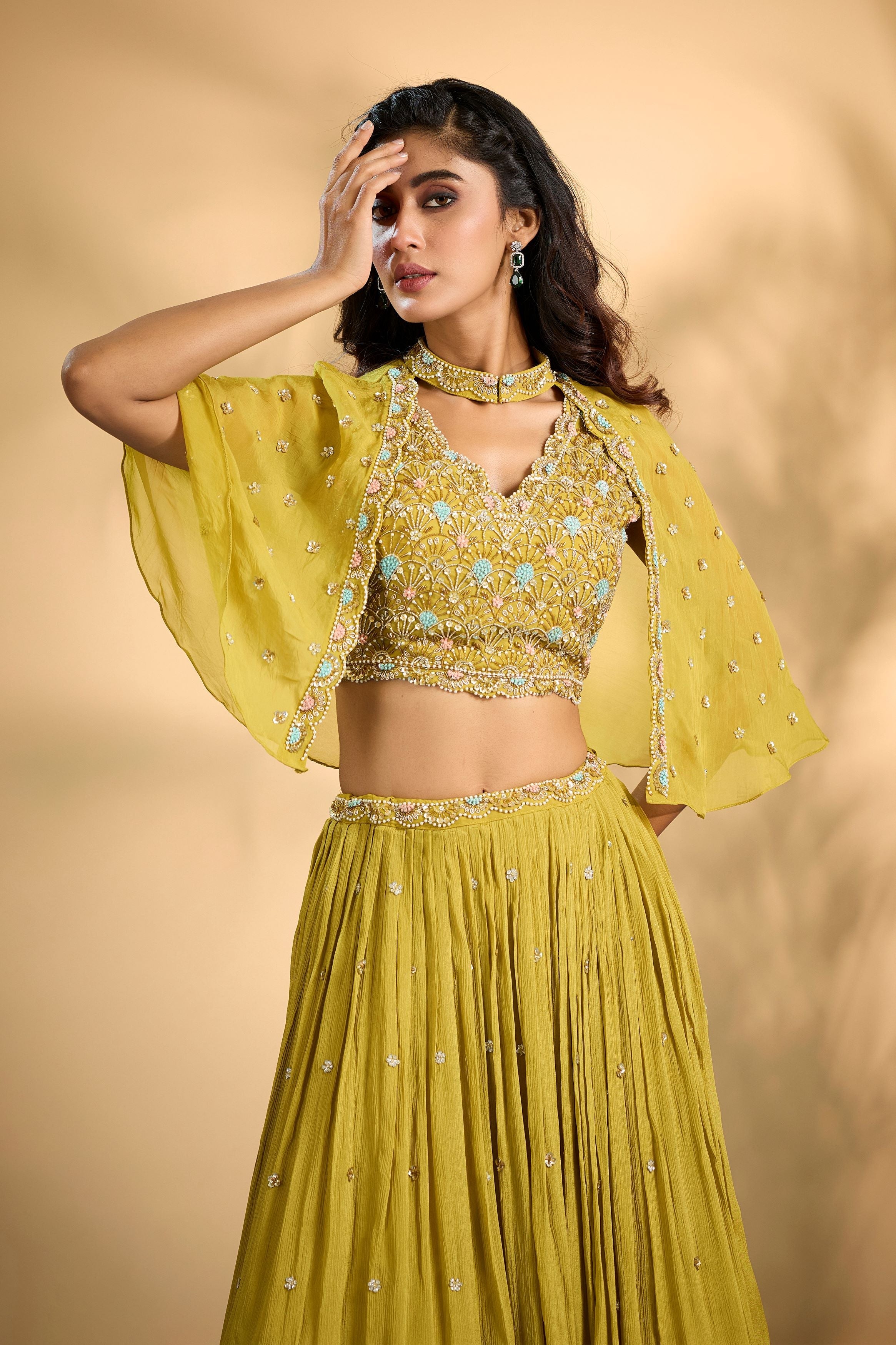 Lemon Yellow Embellished Chinon Silk Cape-Skirt Set