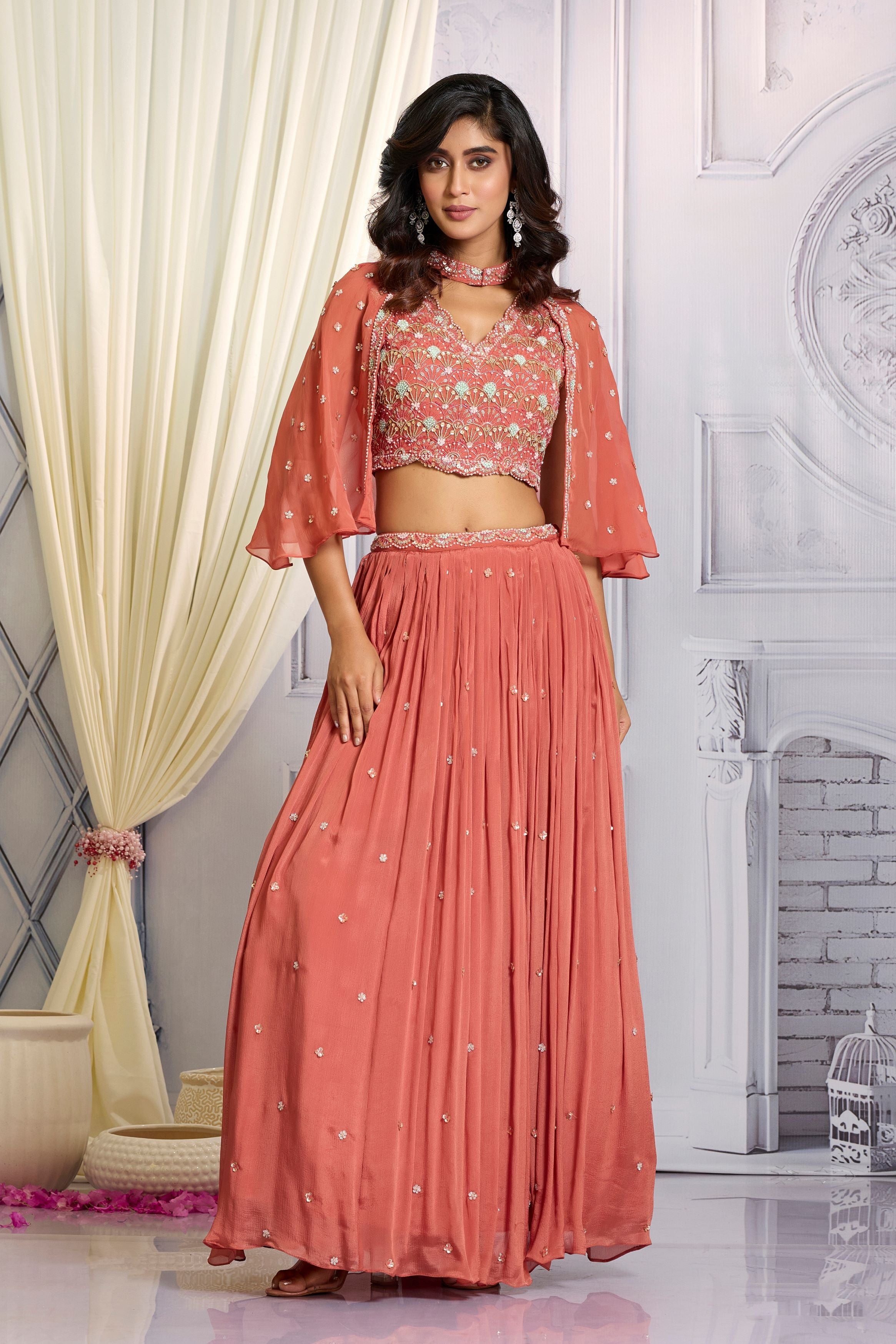 Peach Pink Embellished Chinon Silk Cape-Skirt Set