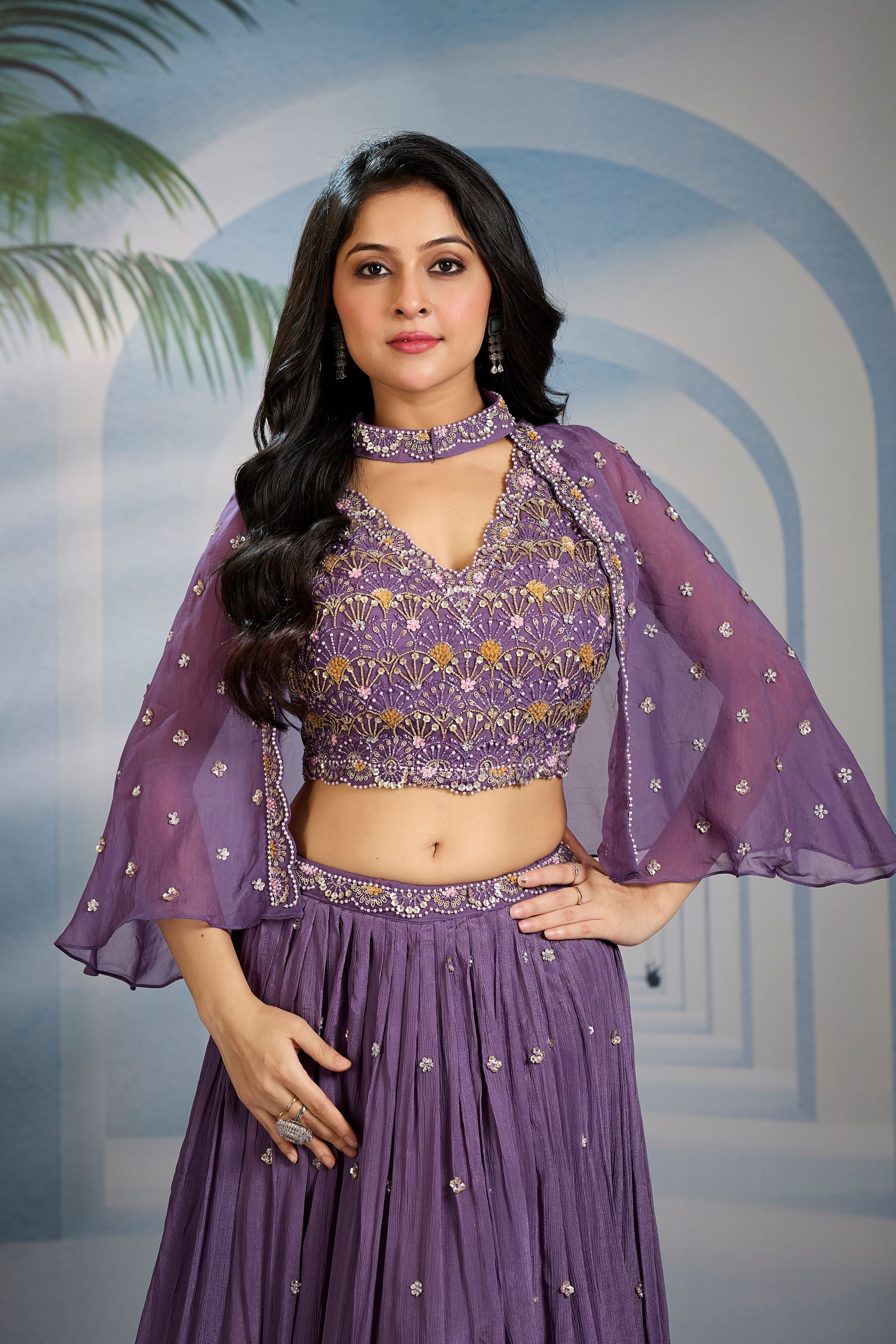 Purple Embellished Chinon Silk Cape-Skirt Set