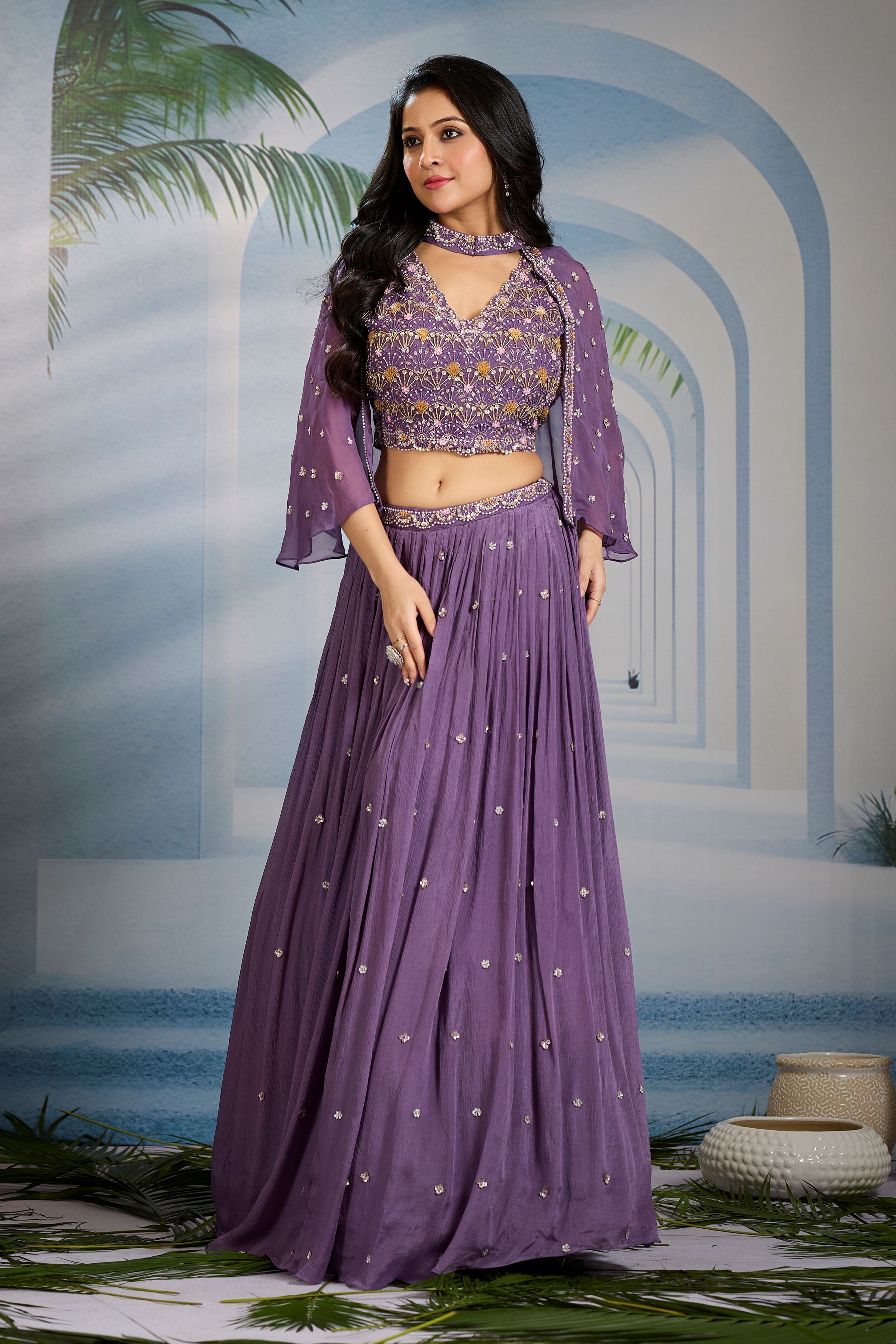 Purple Embellished Chinon Silk Cape-Skirt Set