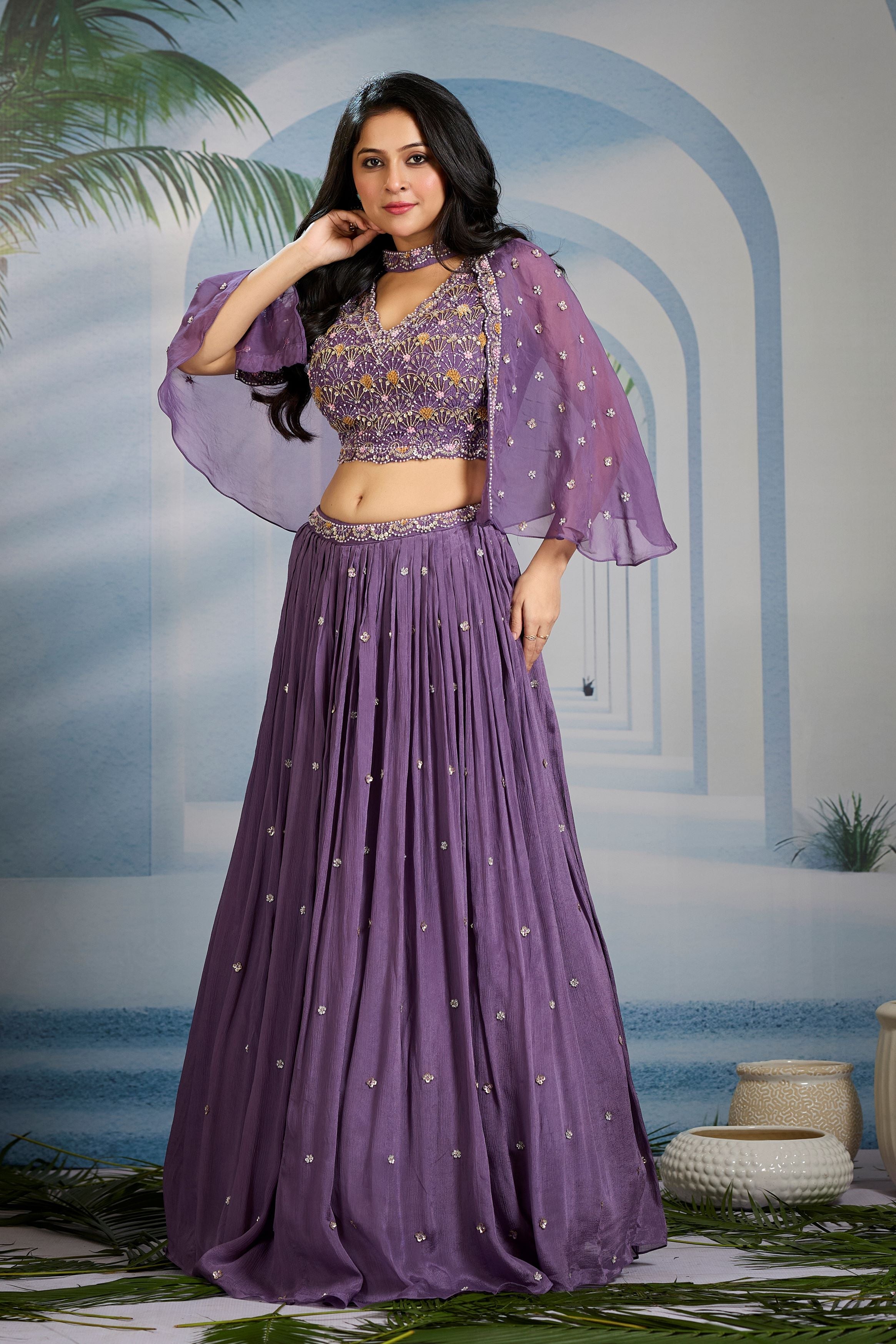 Purple Embellished Chinon Silk Cape-Skirt Set