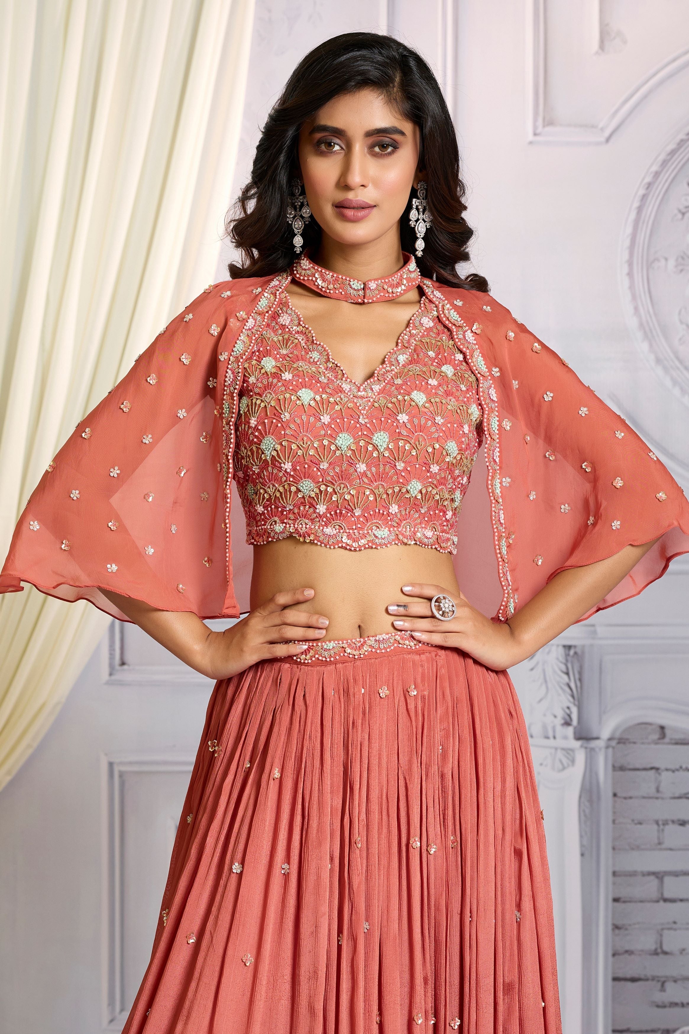 Peach Pink Embellished Chinon Silk Cape-Skirt Set