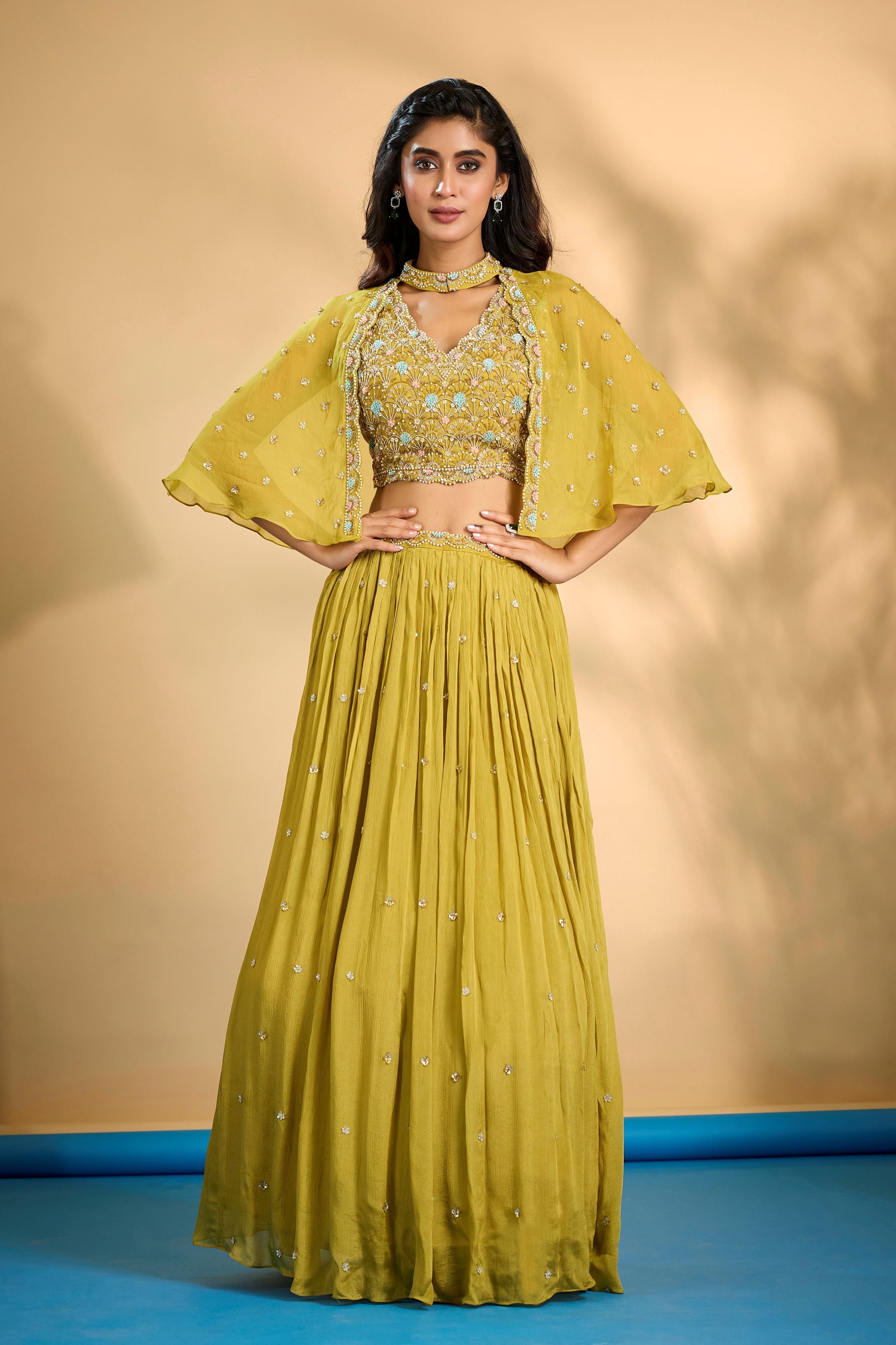 Lemon Yellow Embellished Chinon Silk Cape-Skirt Set