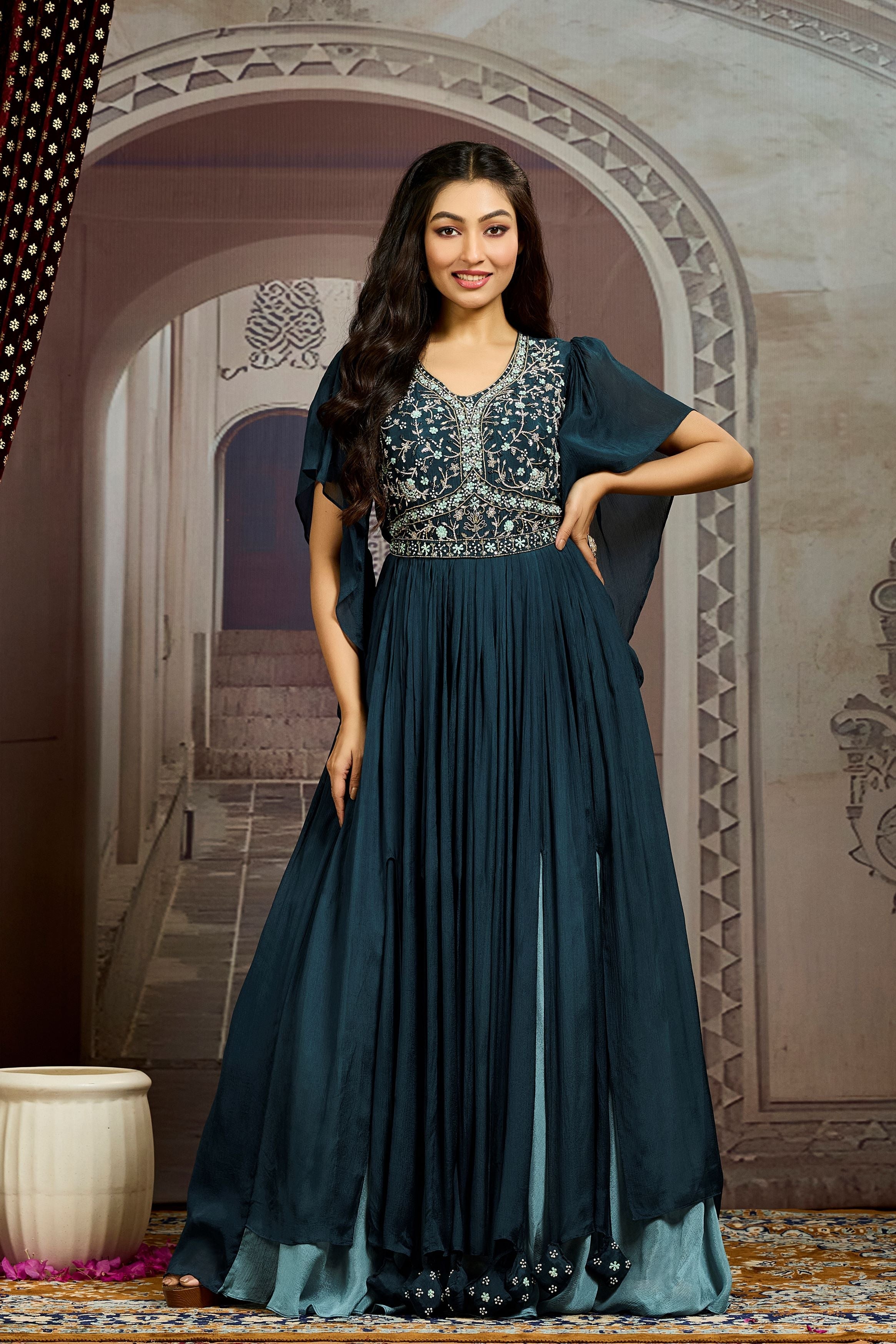 Deep Teal Embellished Chinon Silk Gown