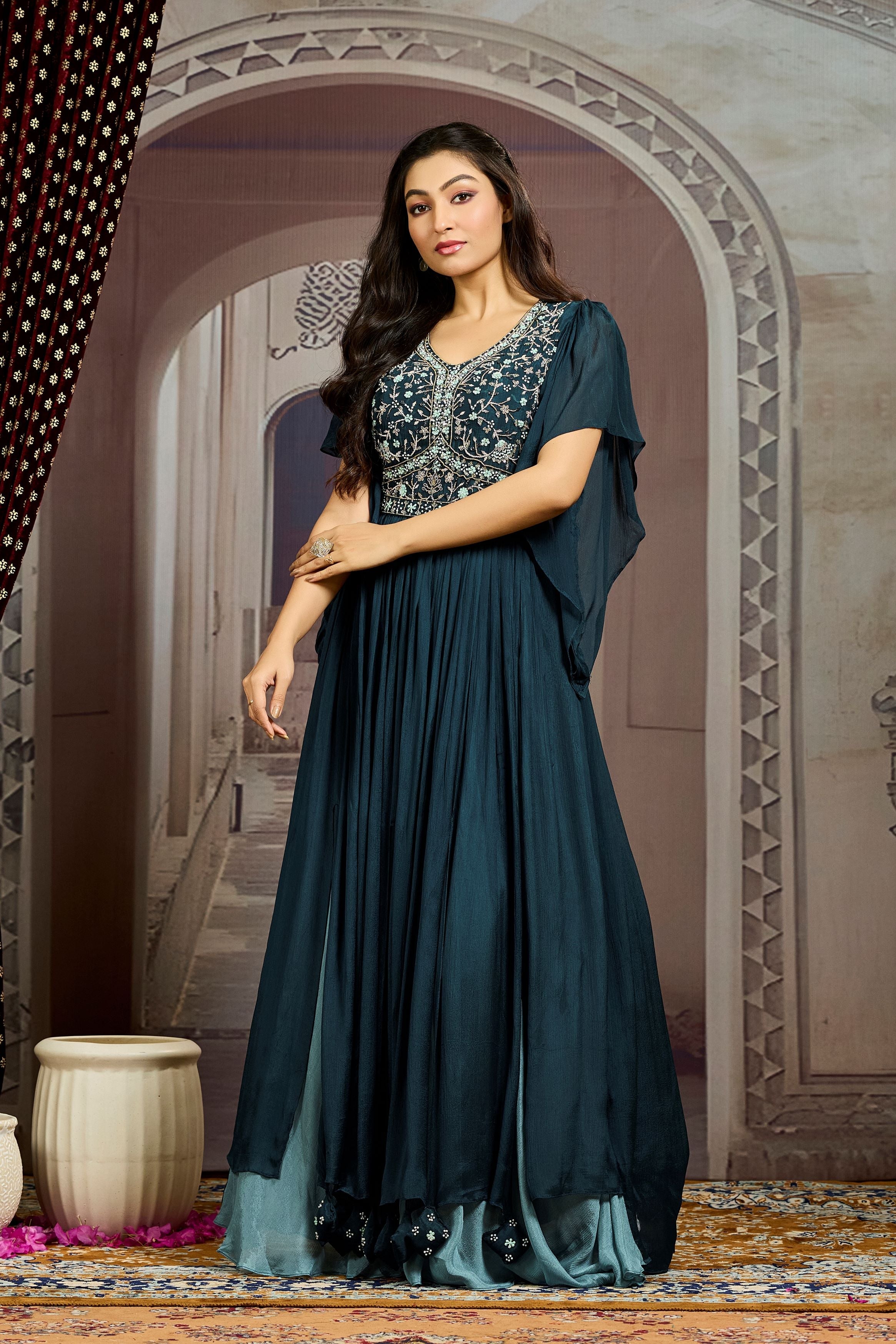 Deep Teal Embellished Chinon Silk Gown