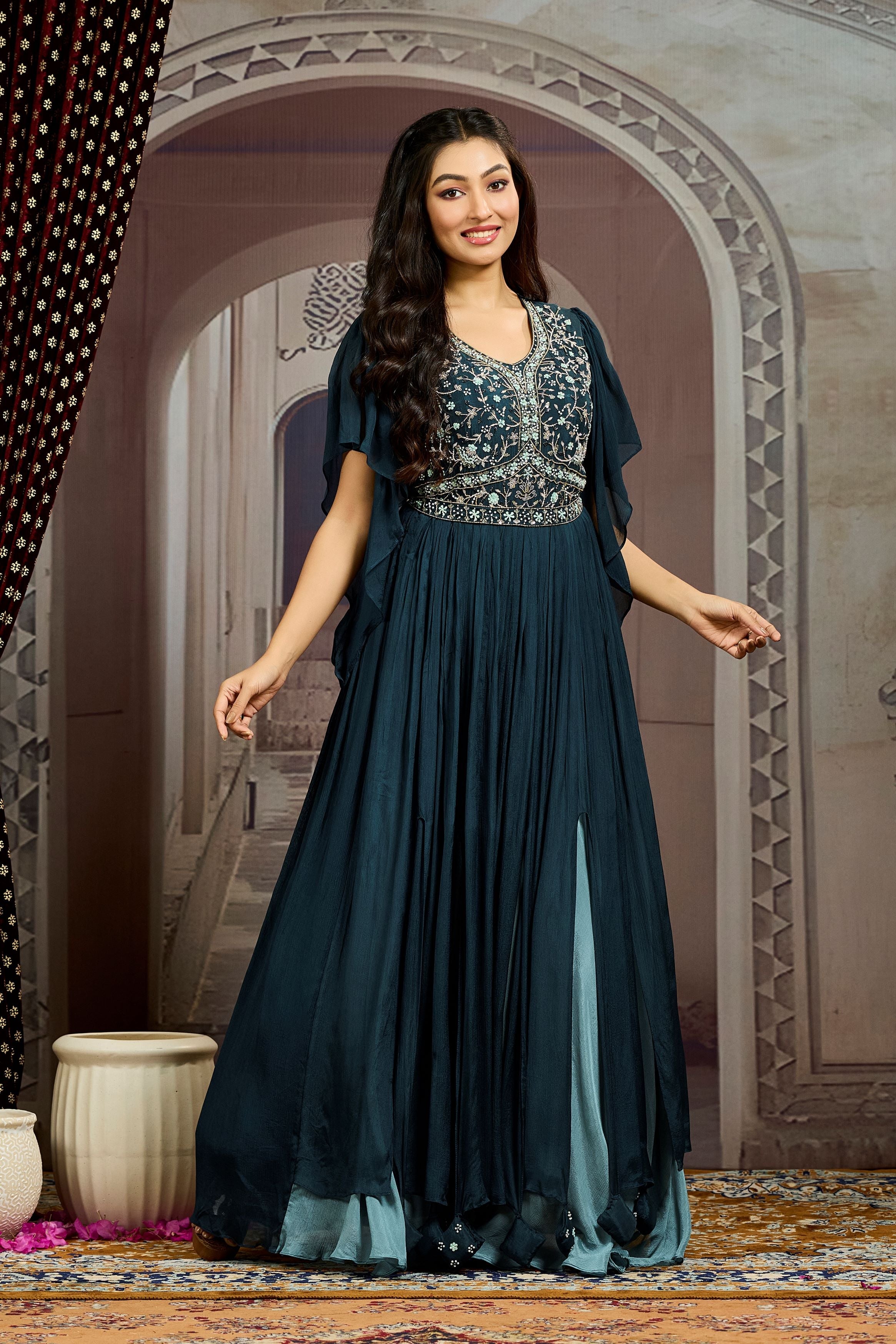 Deep Teal Embellished Chinon Silk Gown