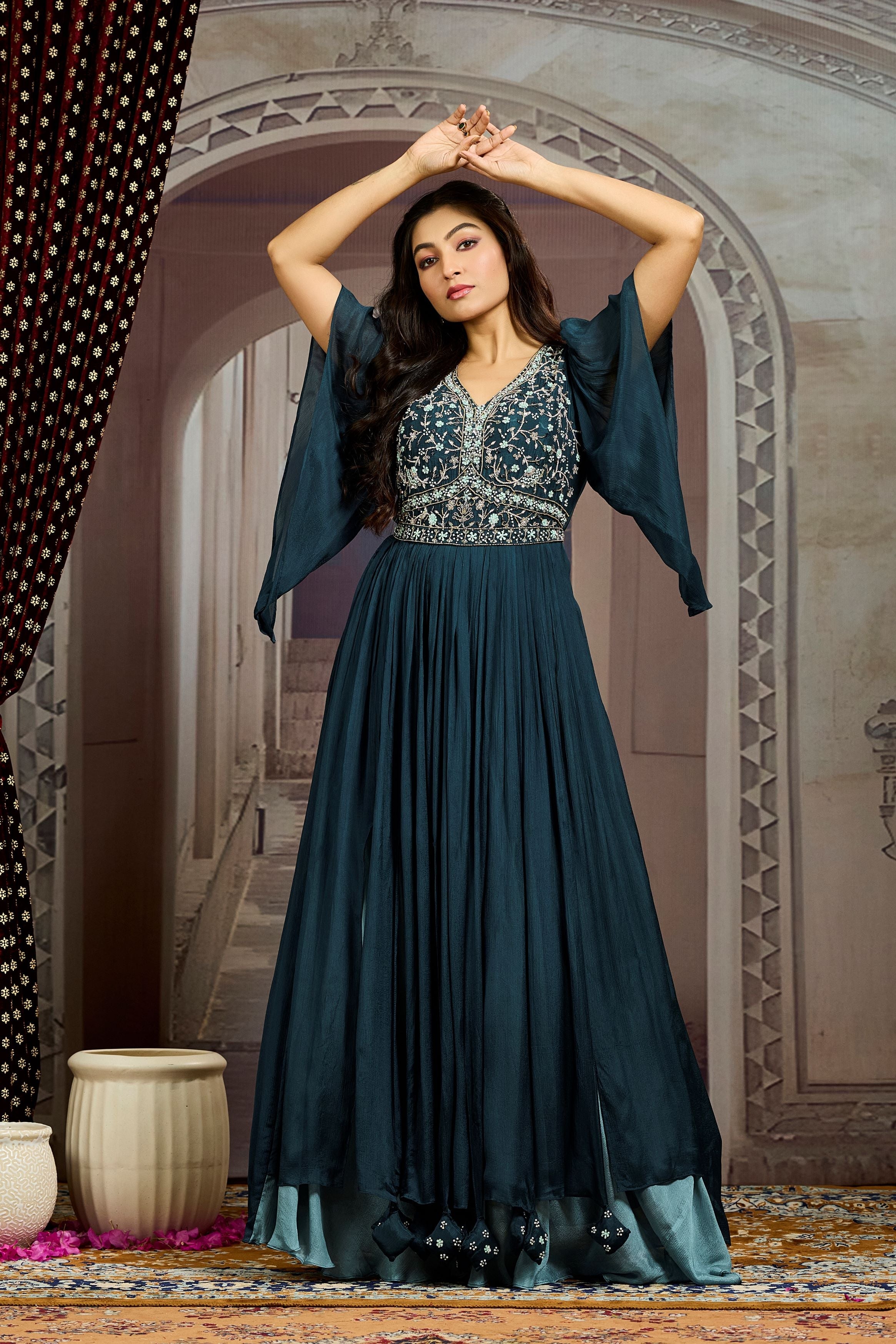 Deep Teal Embellished Chinon Silk Gown