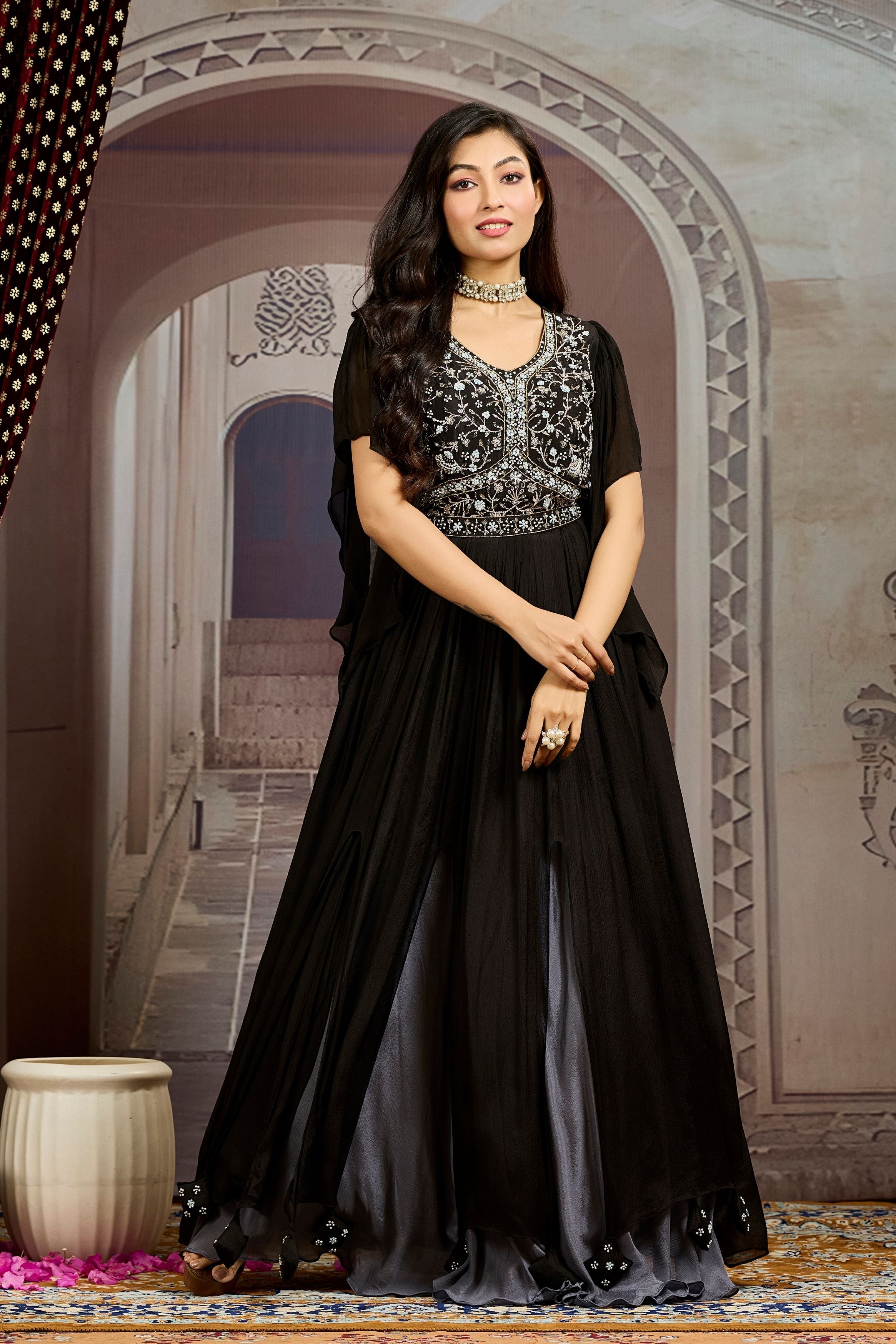 Hot Black Embellished Chinon Silk Gown