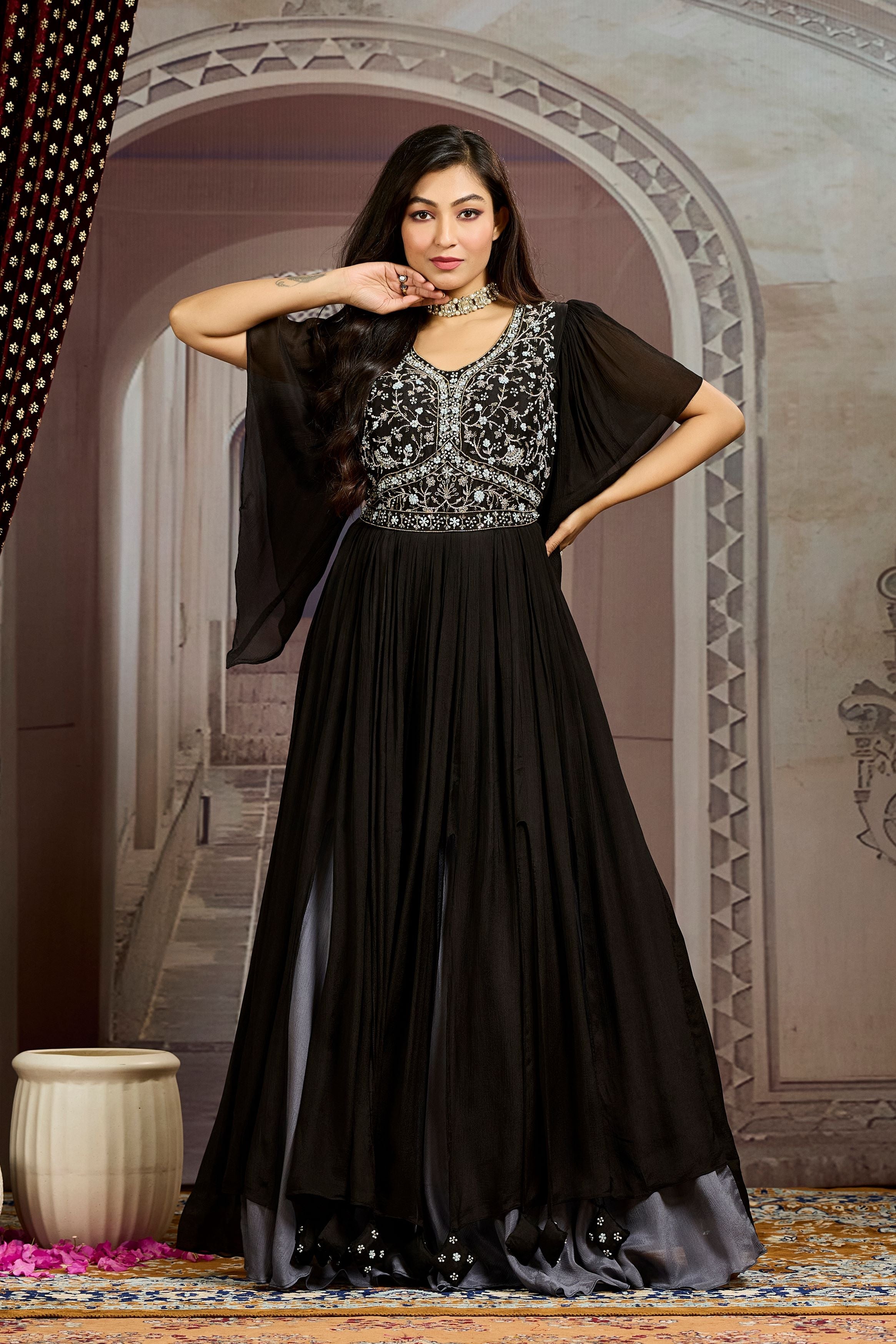 Hot Black Embellished Chinon Silk Gown