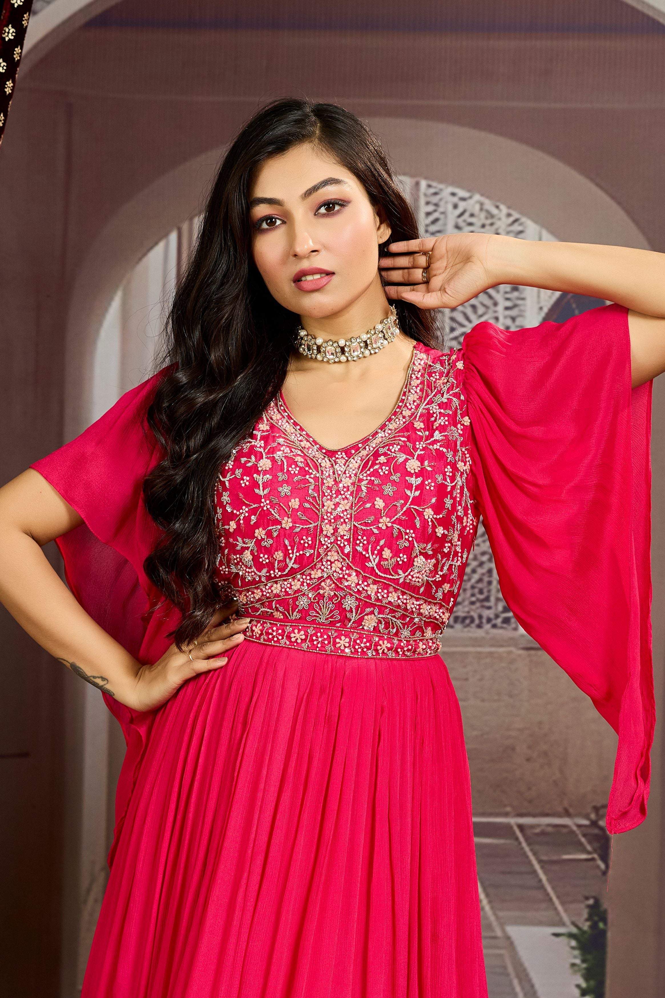 Rose Pink Embellished Chinon Silk Gown