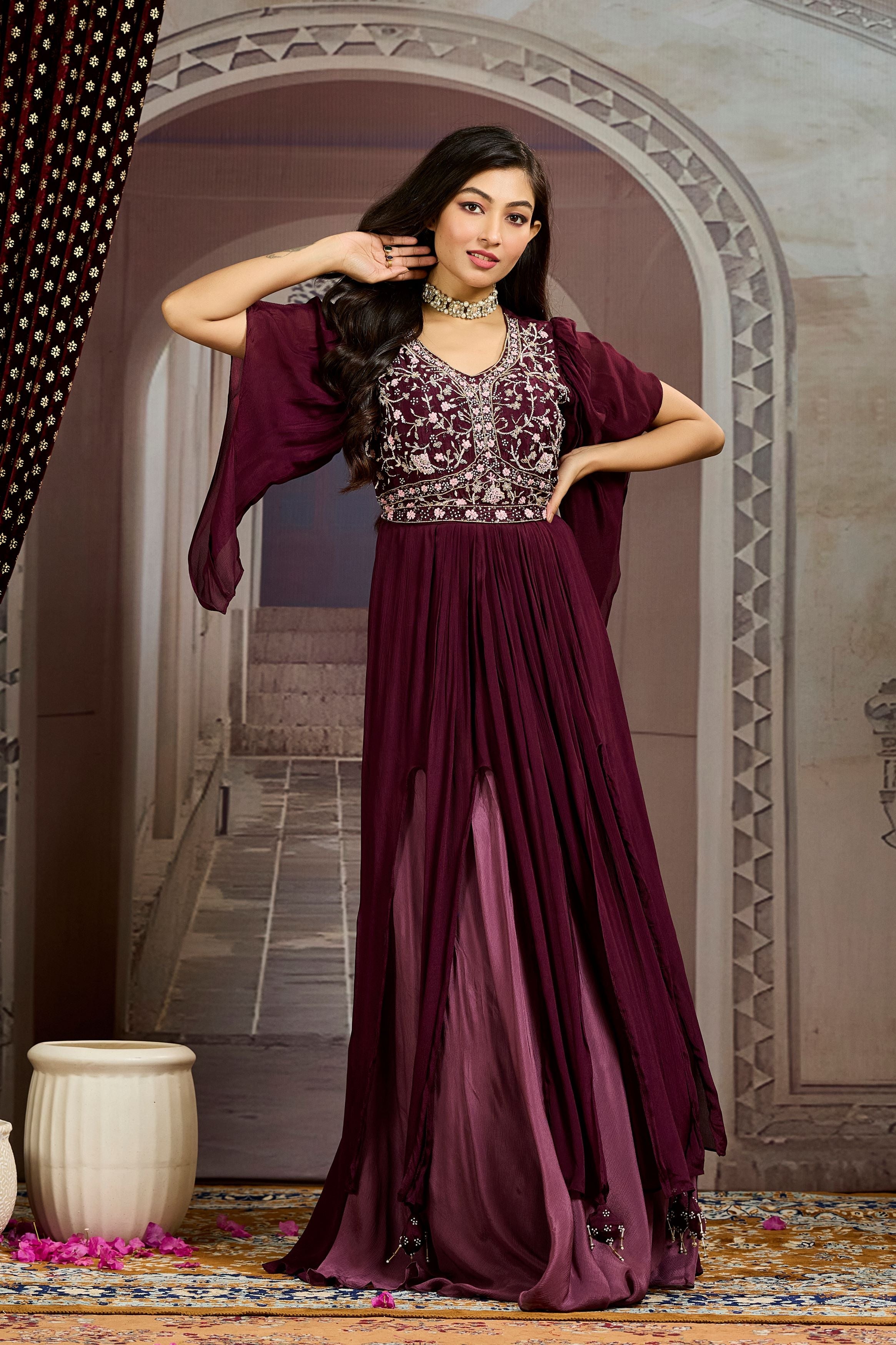 Burgundy Embellished Chinon Silk Gown