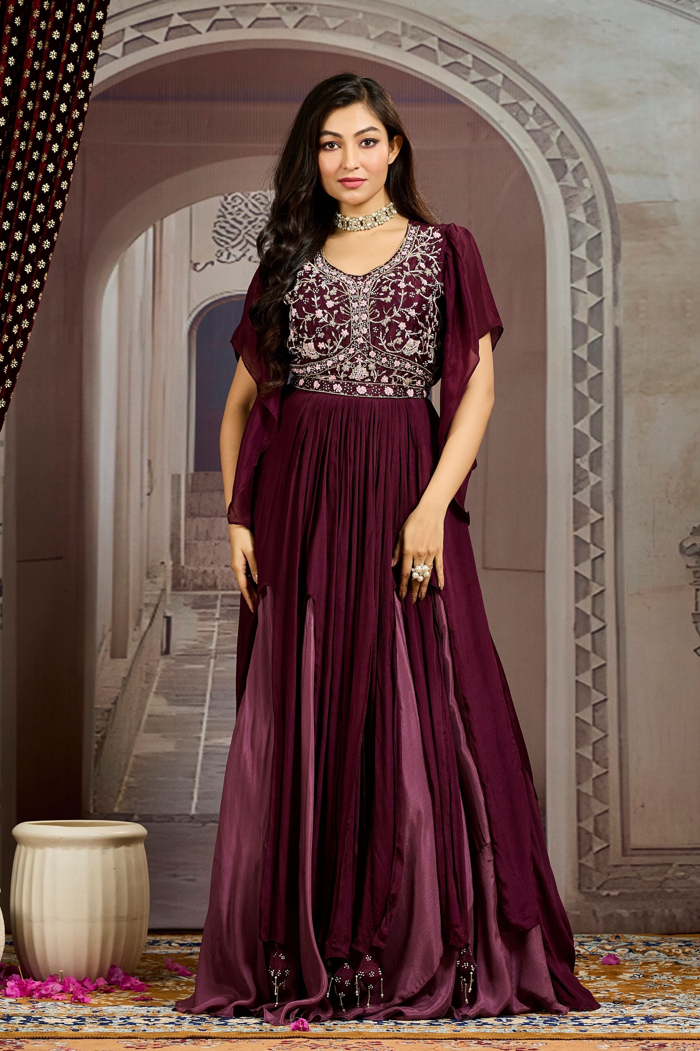 Burgundy Embellished Chinon Silk Gown