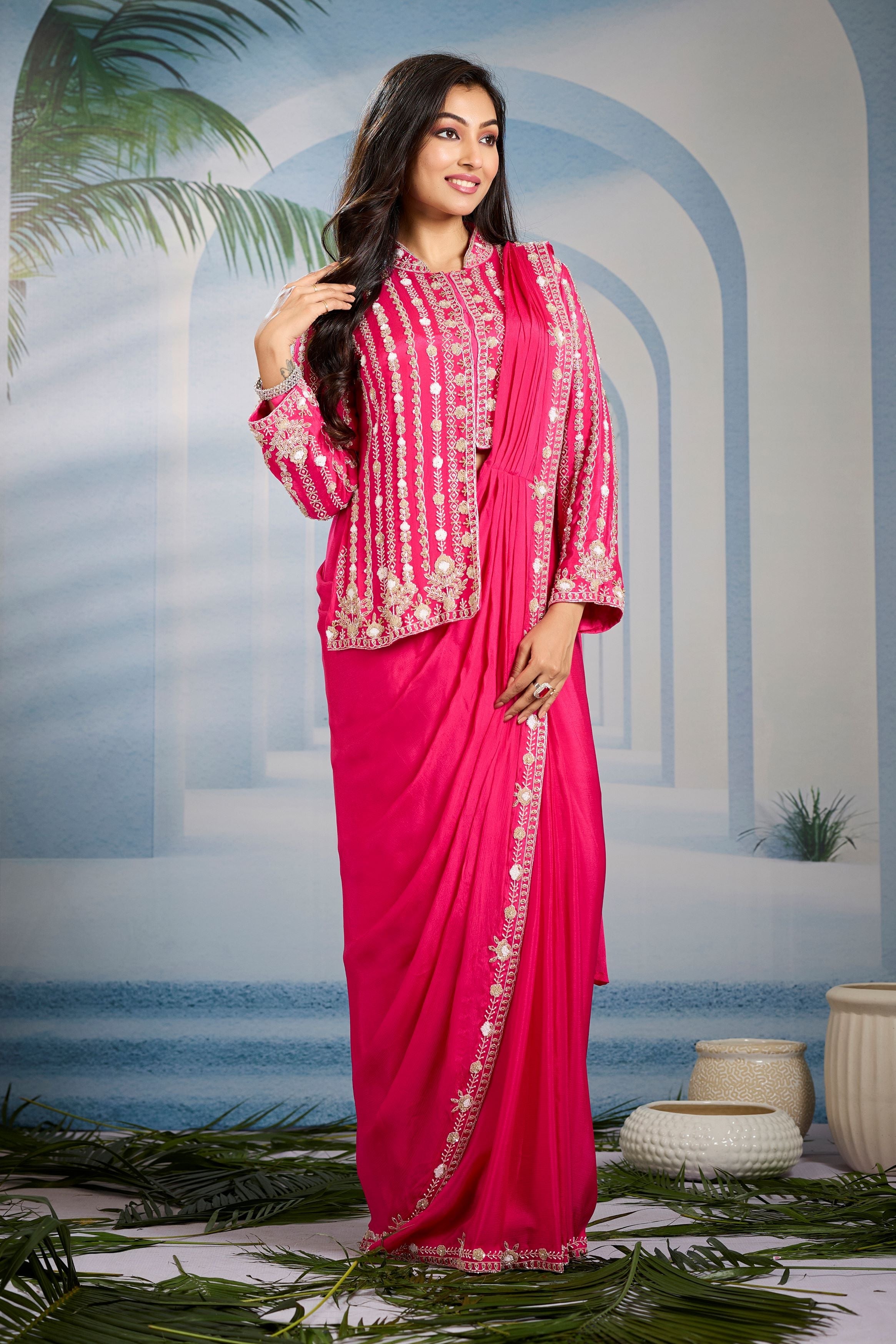 Pink Embellished Chinon Silk Draped Saree