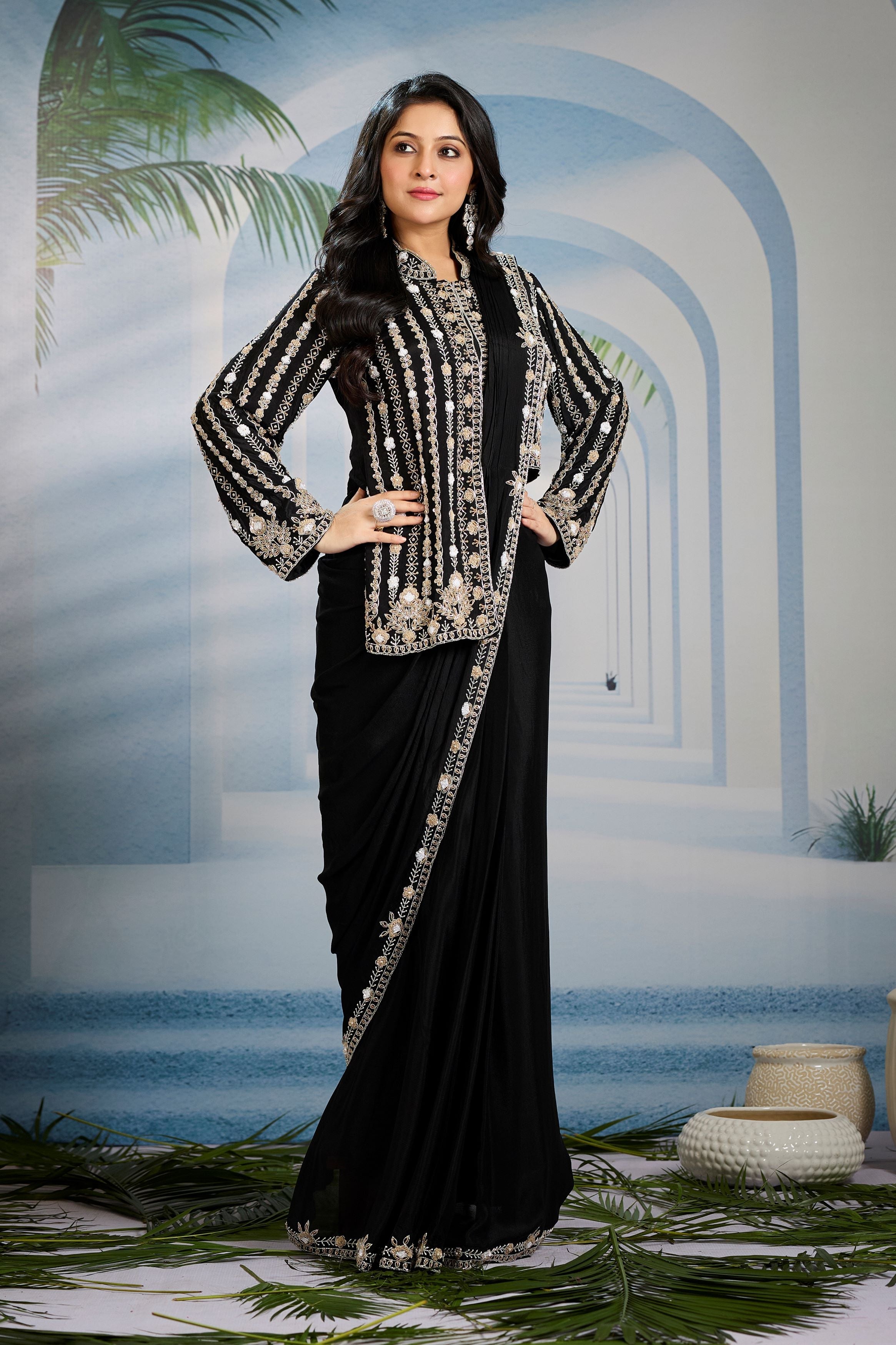 Black Embellished Chinon Silk Draped Saree