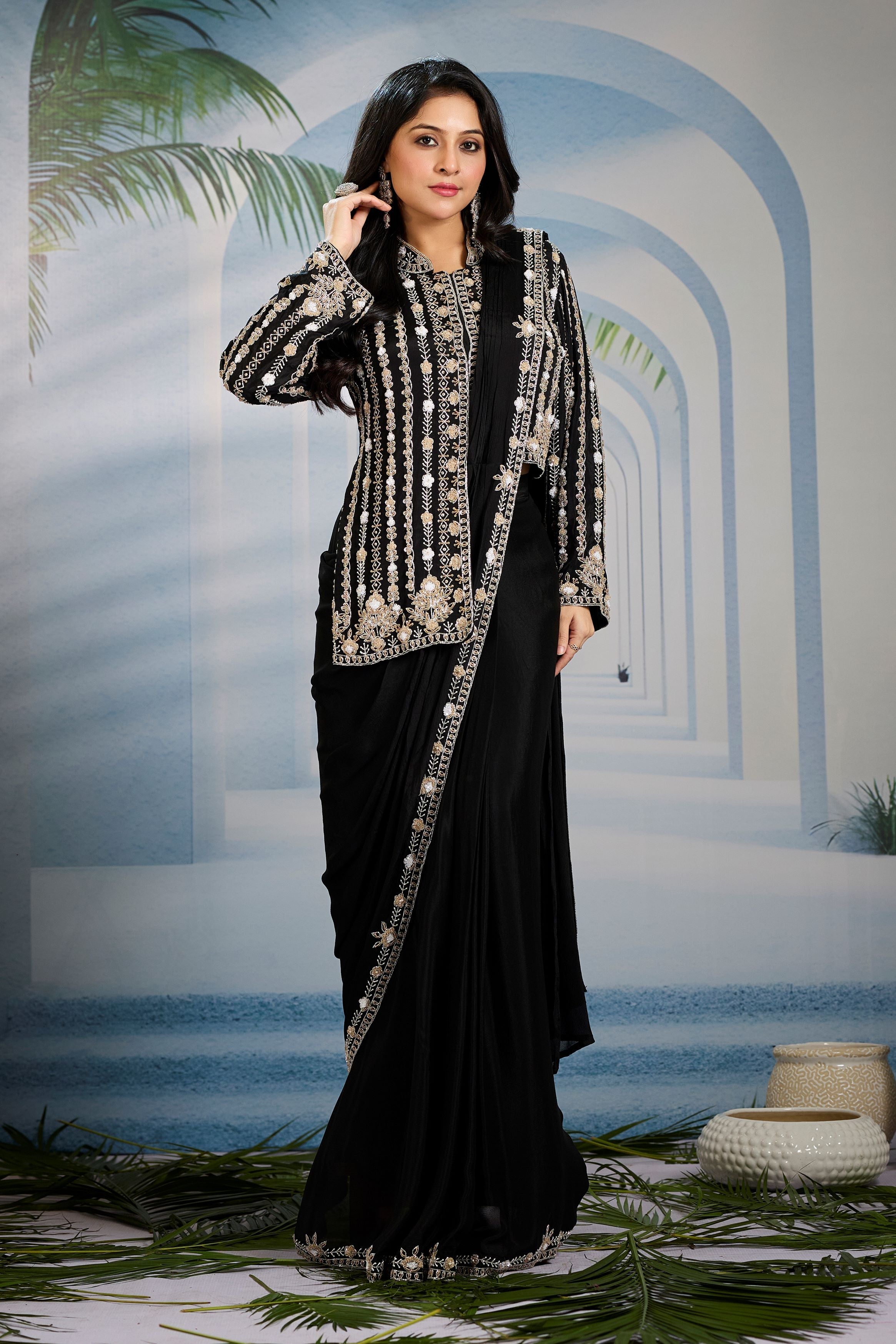 Black Embellished Chinon Silk Draped Saree