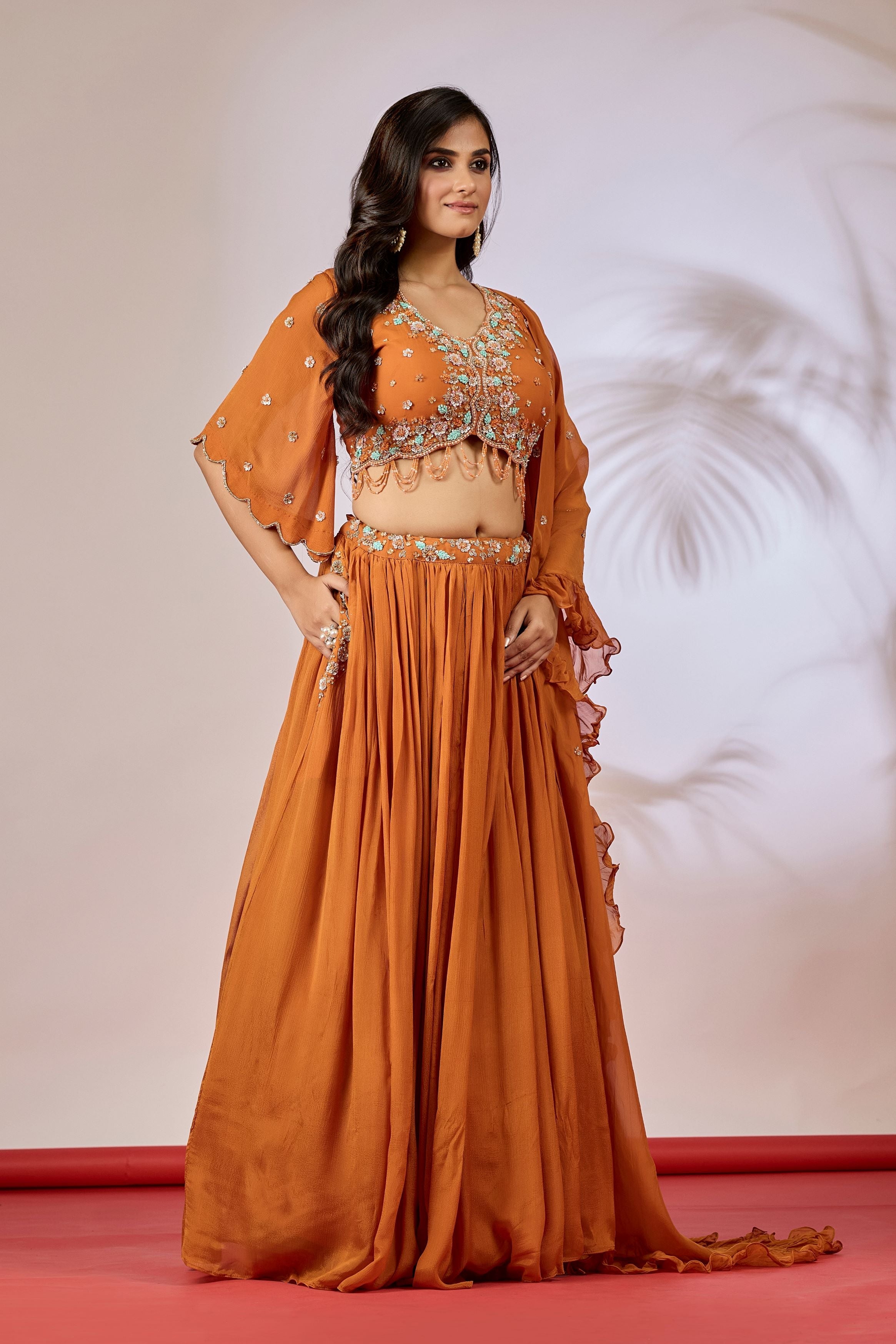 Deep Orange Embellished Chinon Silk Lehenga Set