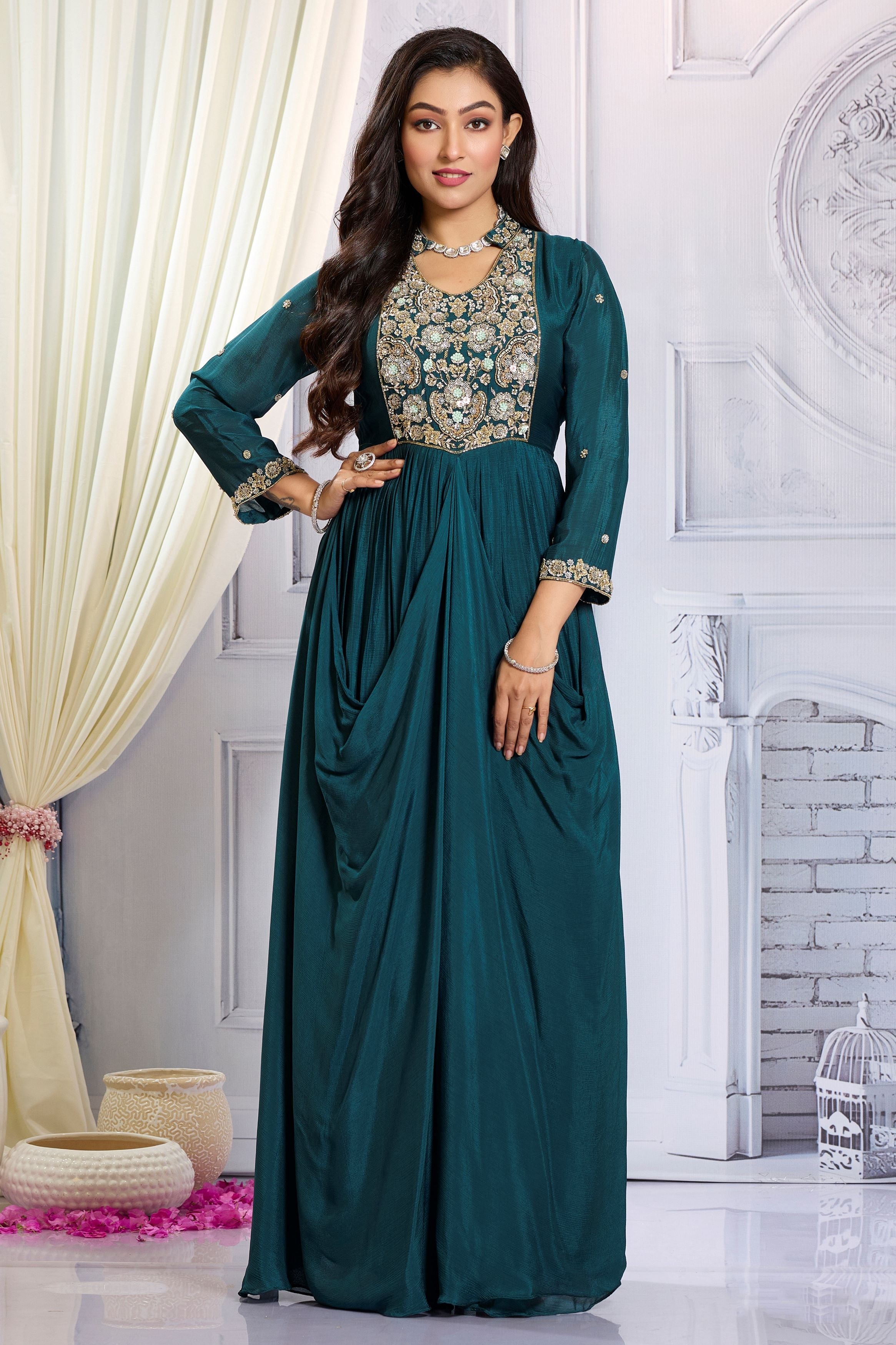 Deep Teal Embellished Chinon Silk Draped Gown