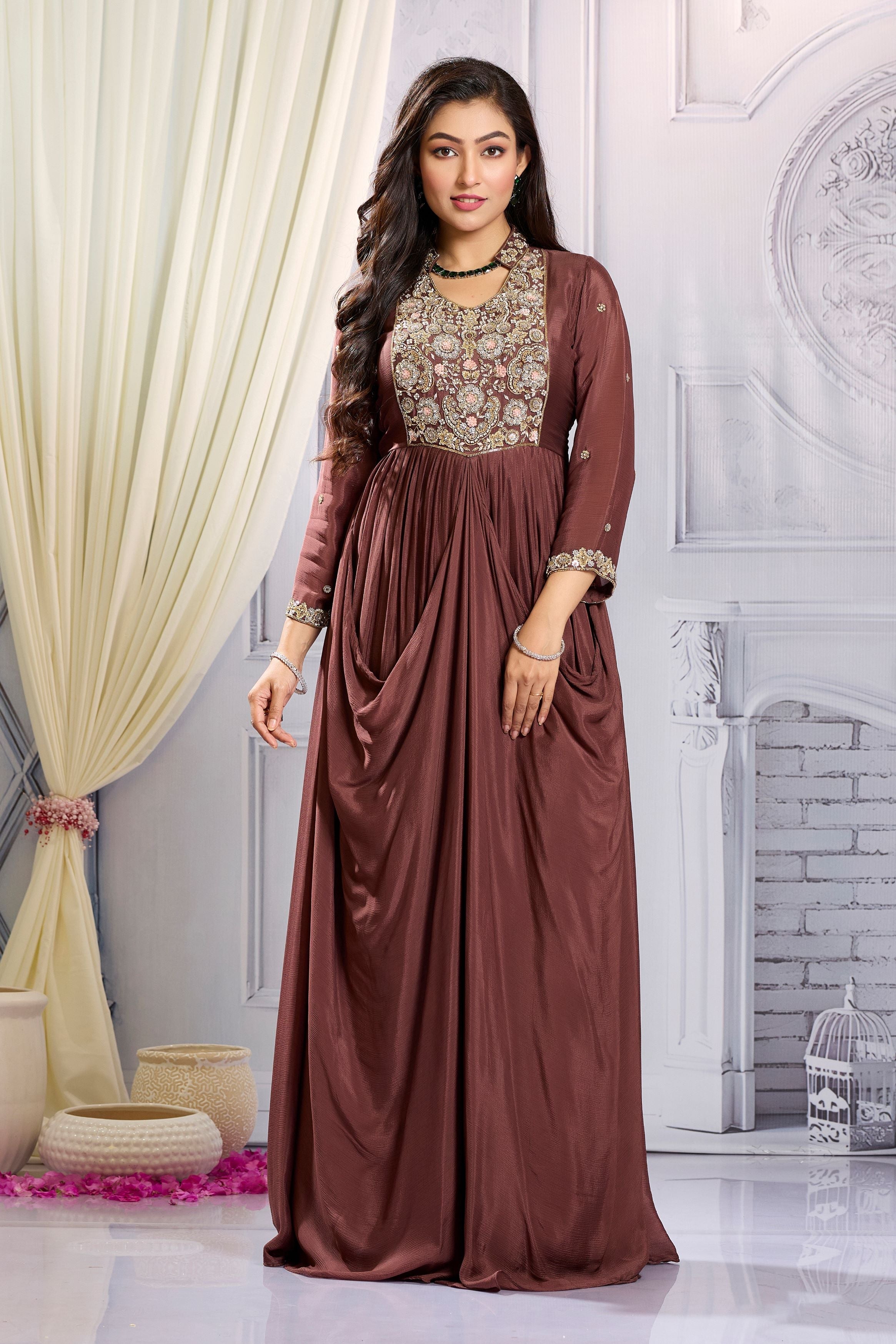 Brown Embellished Chinon Silk Draped Gown