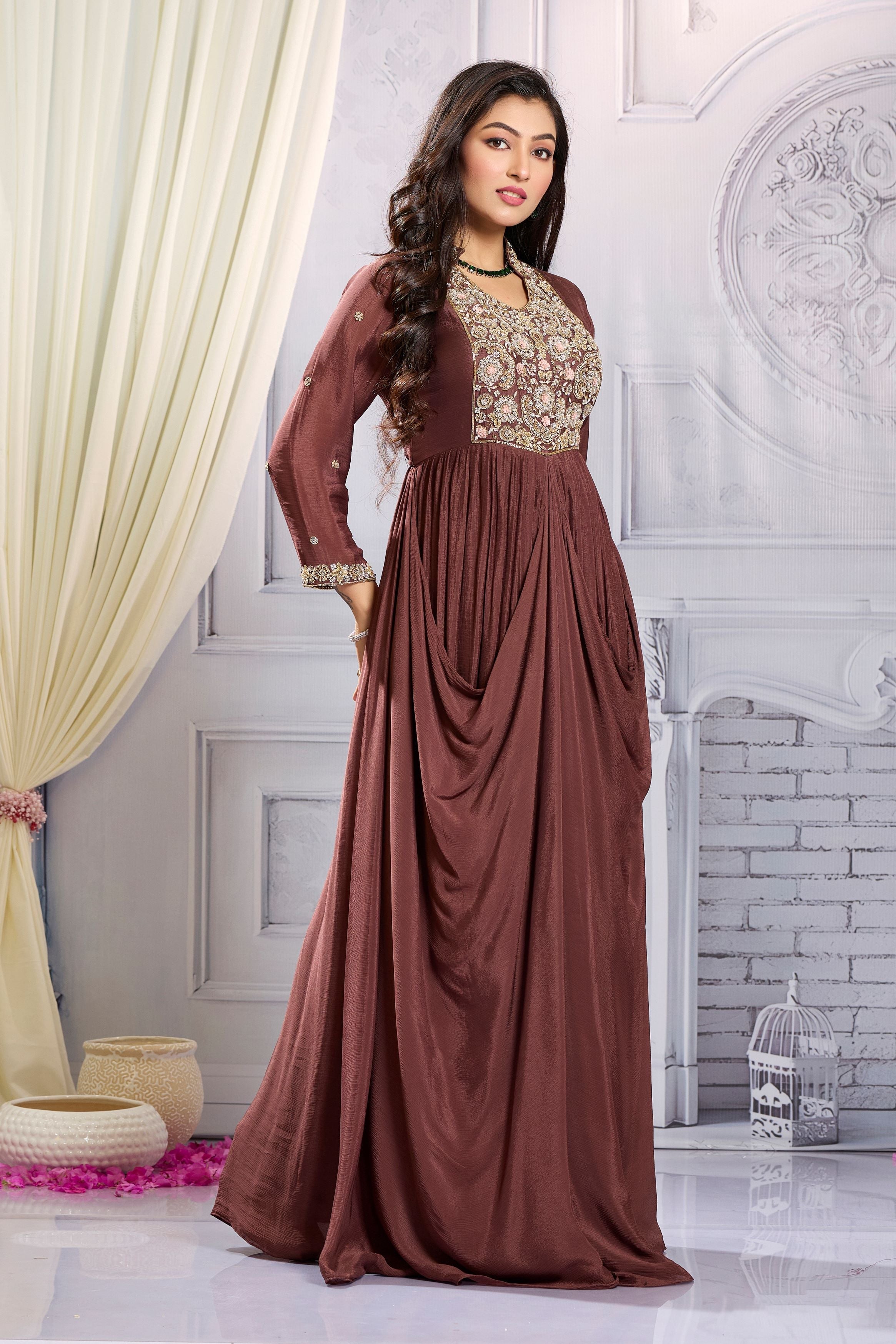 Brown Embellished Chinon Silk Draped Gown