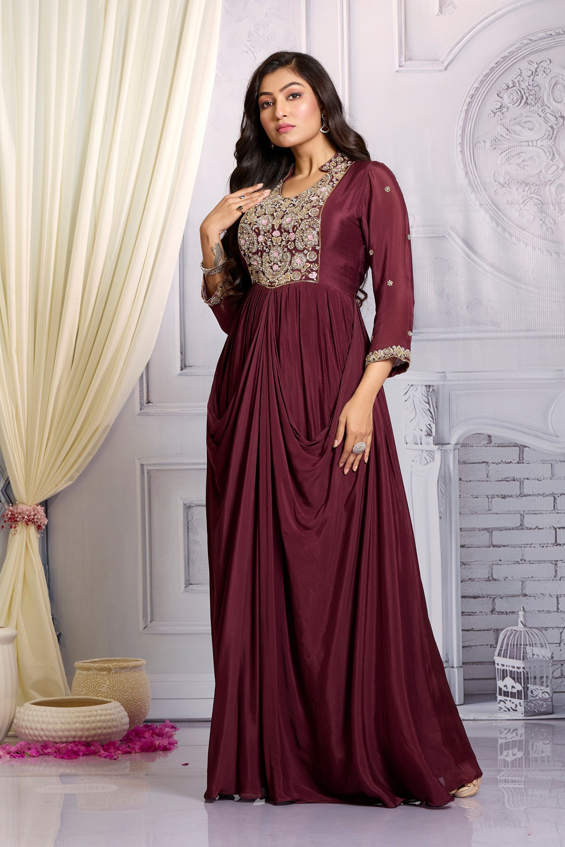 Burgundy Embellished Chinon Silk Draped Gown