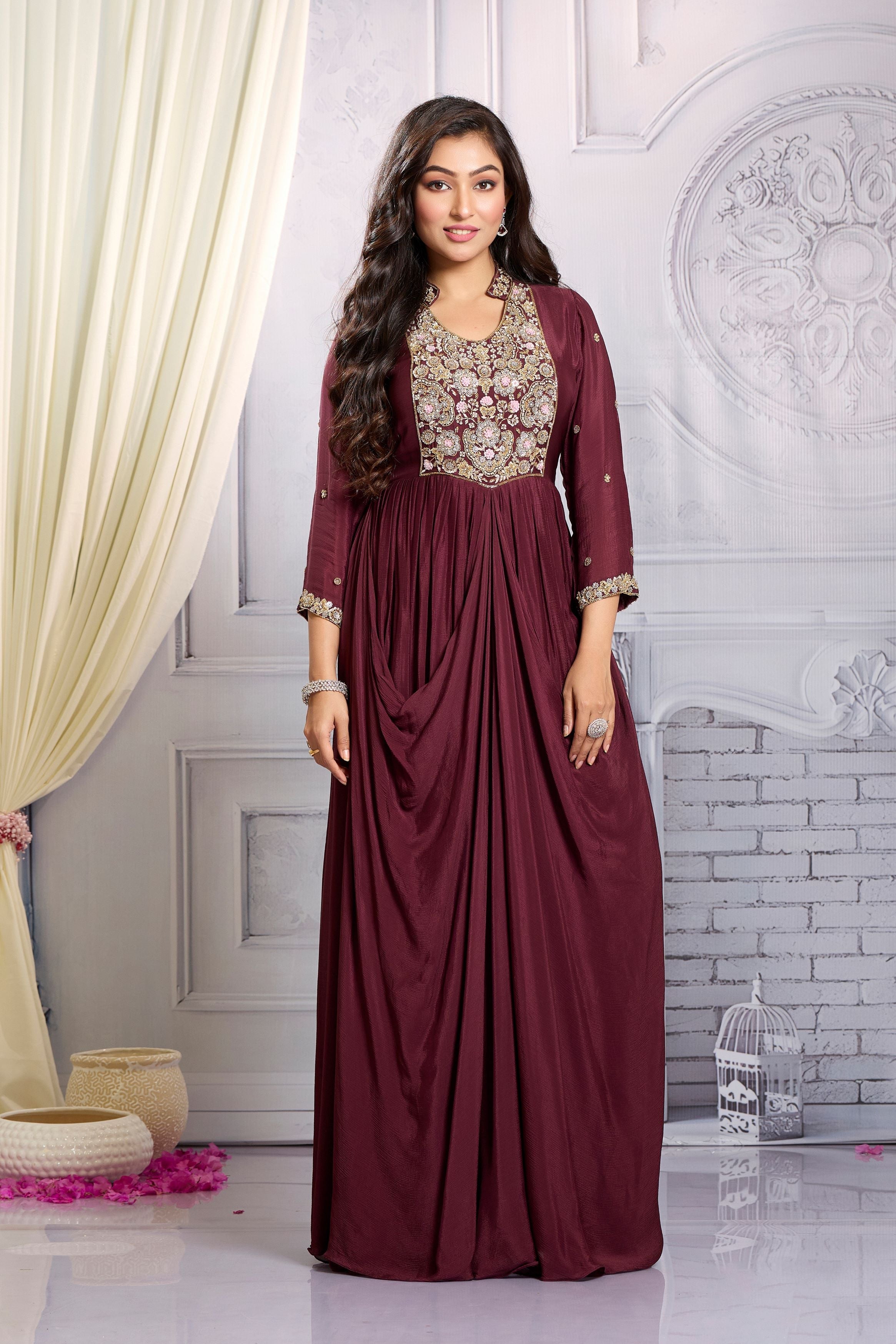 Burgundy Embellished Chinon Silk Draped Gown