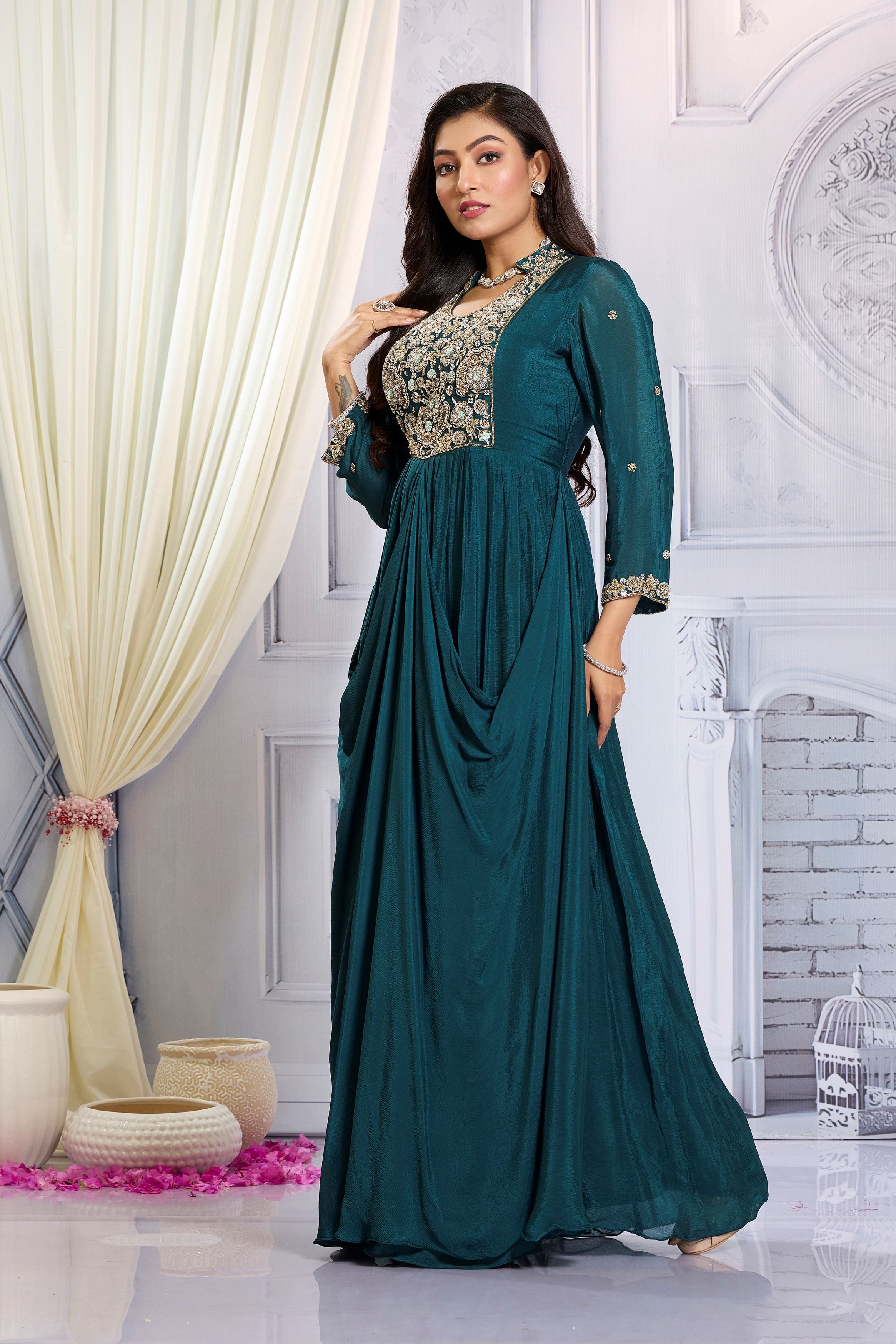 Deep Teal Embellished Chinon Silk Draped Gown