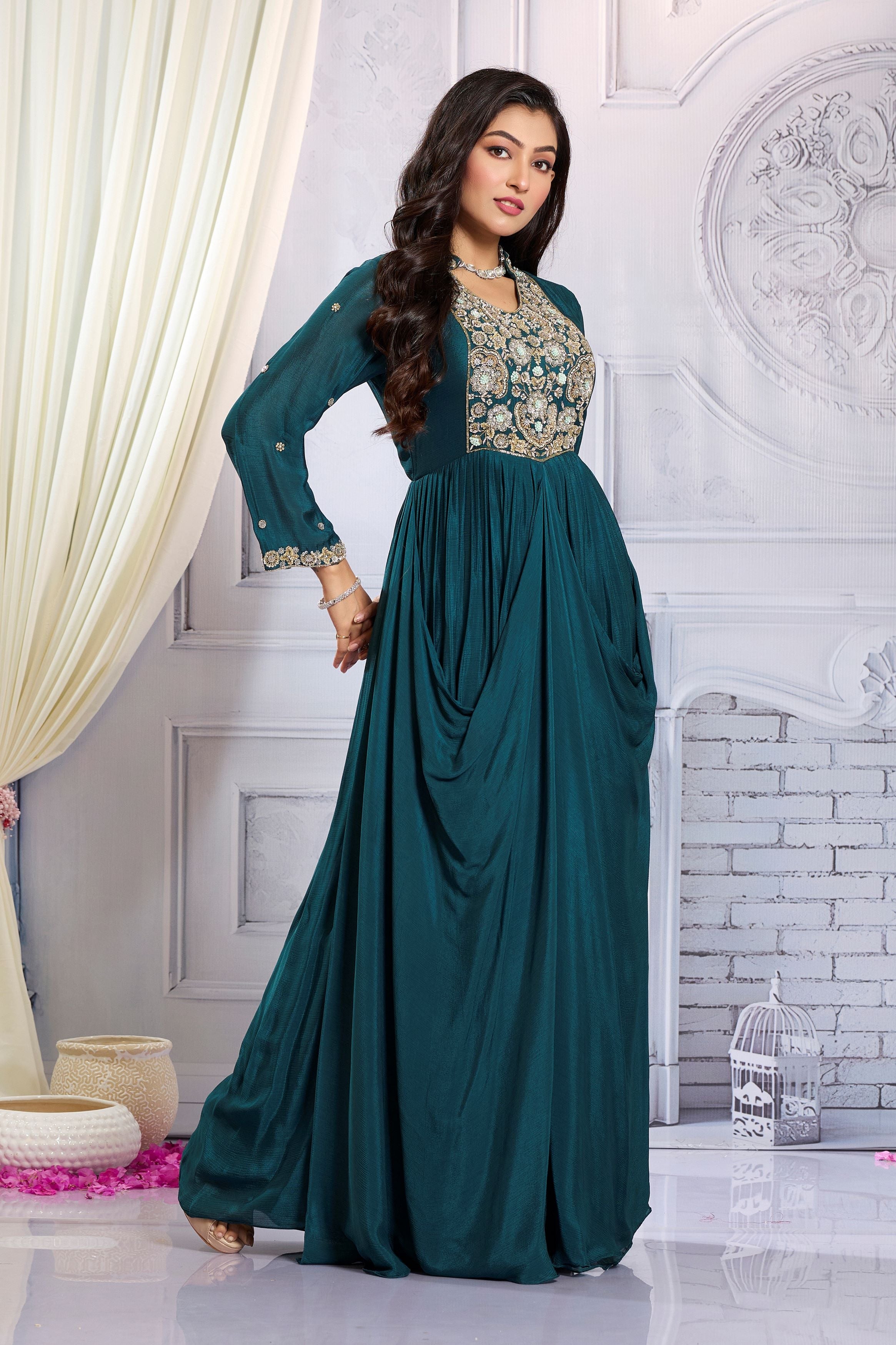 Deep Teal Embellished Chinon Silk Draped Gown