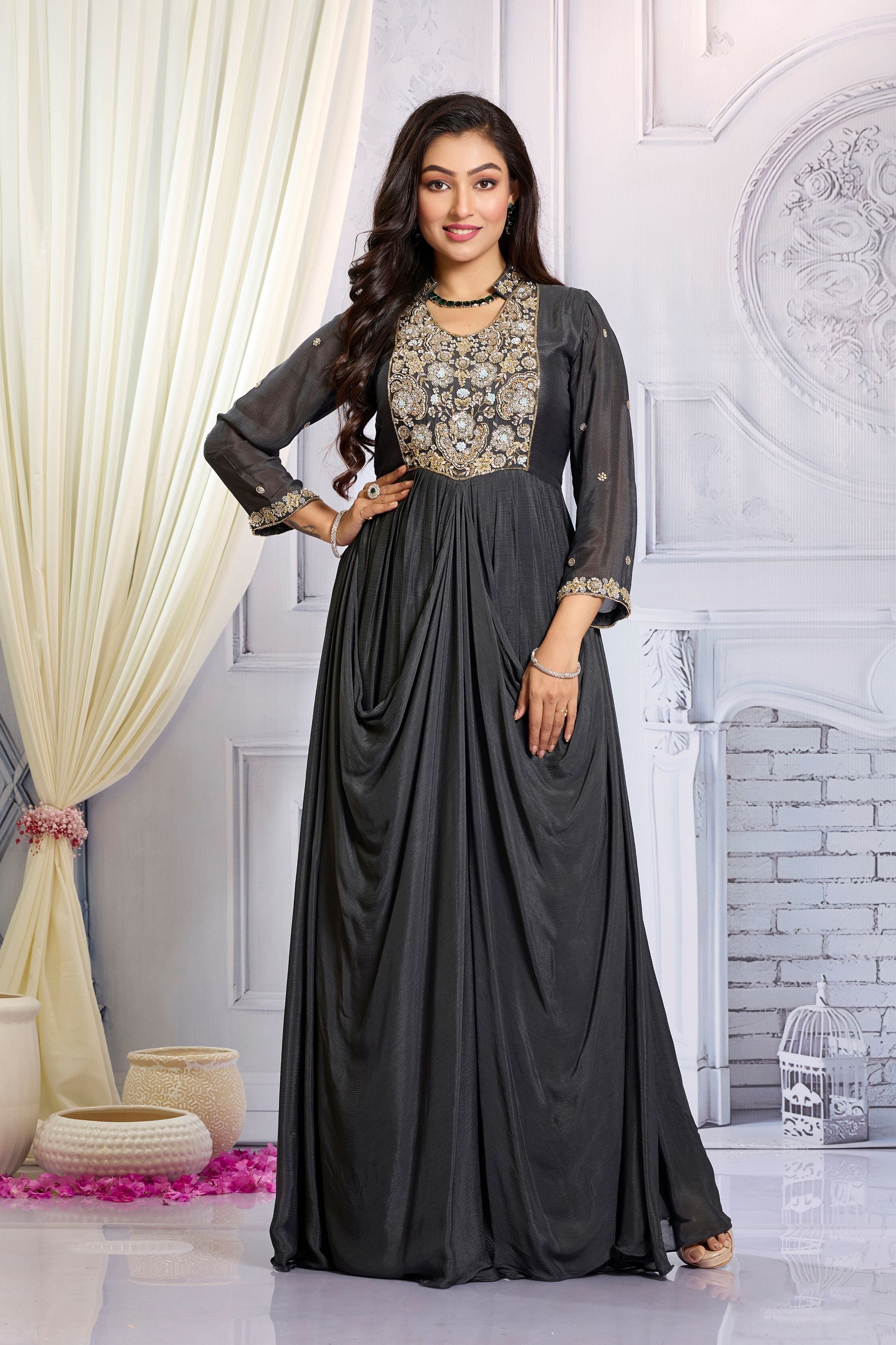 Grey Embellished Chinon Silk Draped Gown