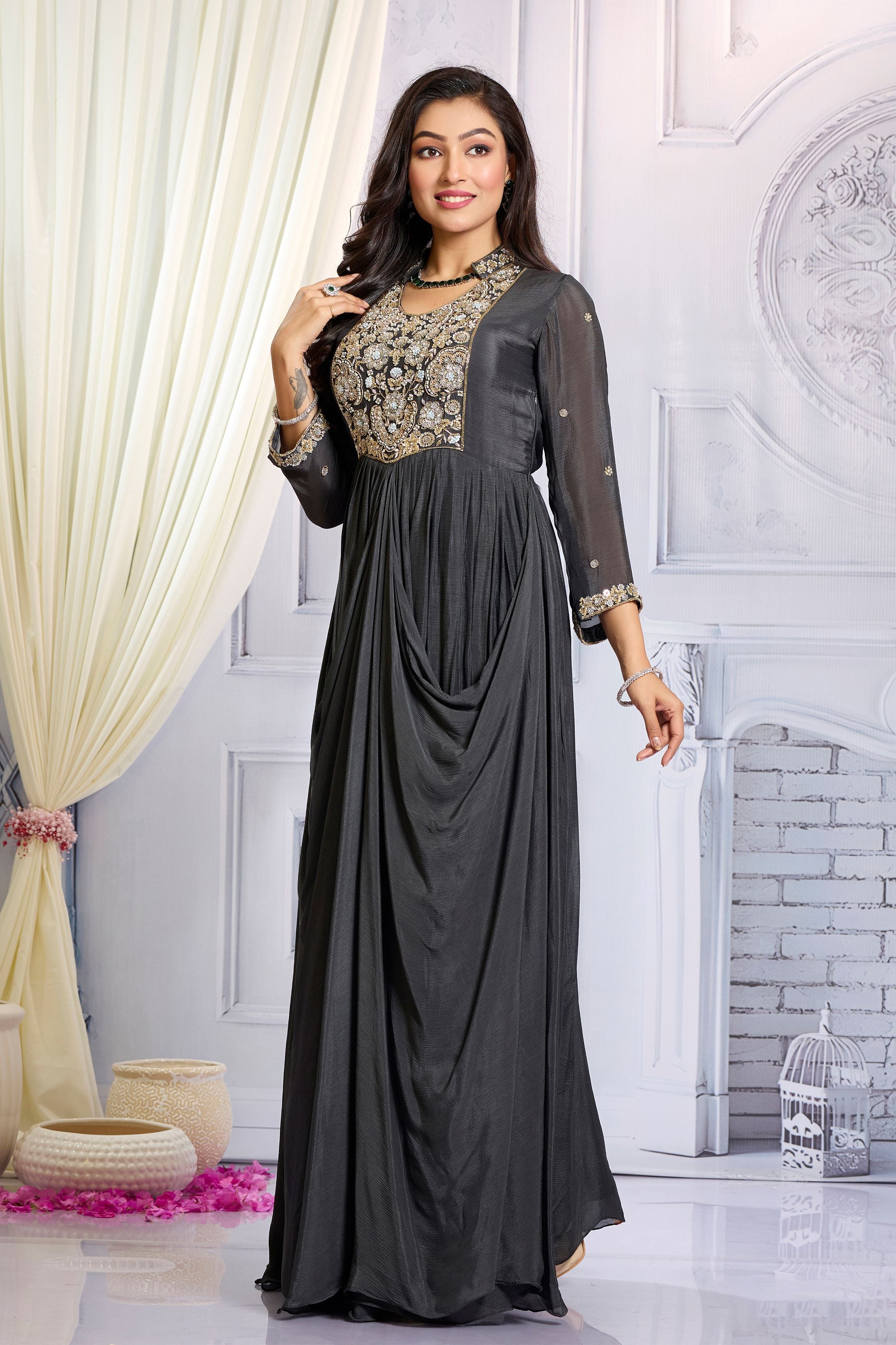 Grey Embellished Chinon Silk Draped Gown