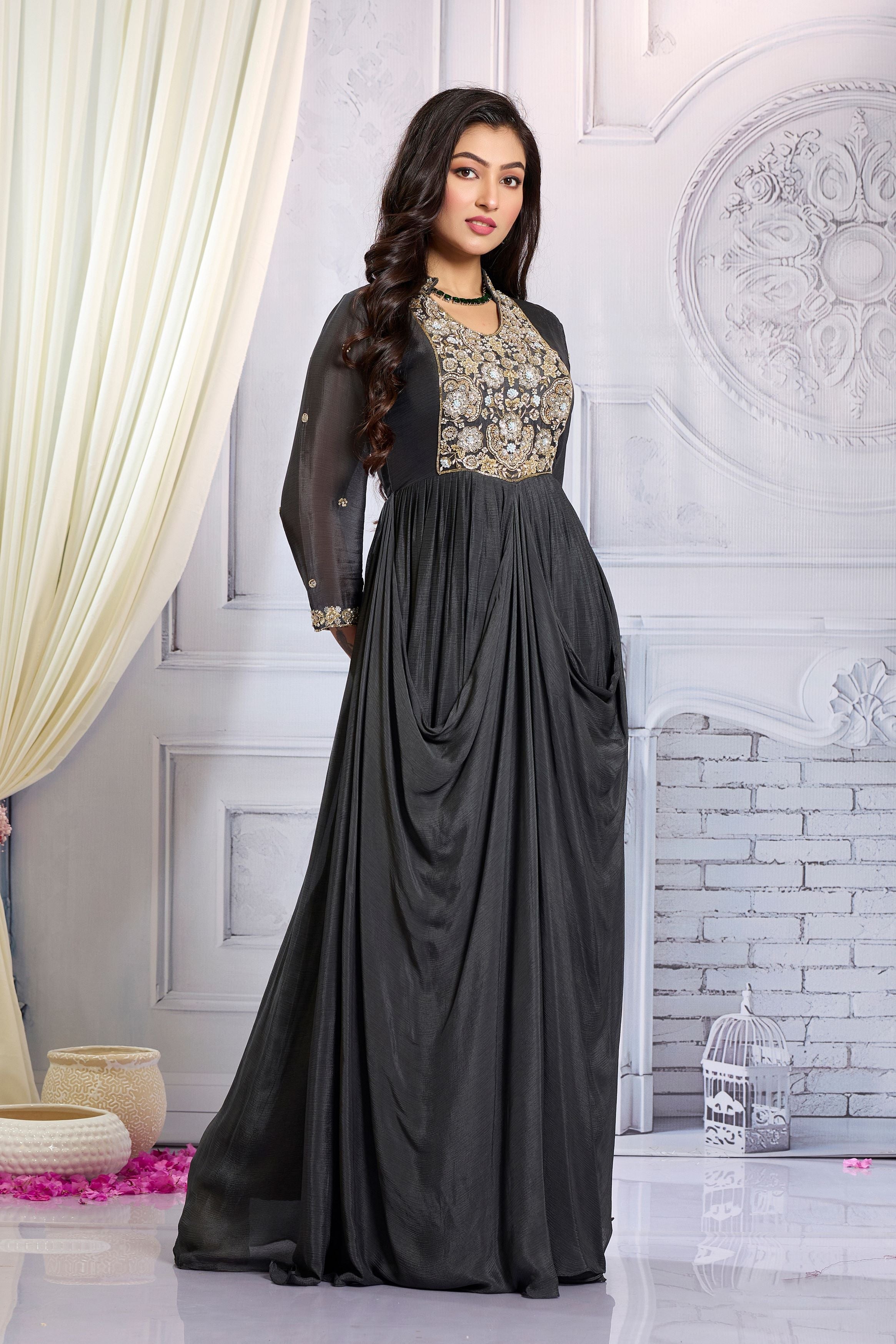 Grey Embellished Chinon Silk Draped Gown