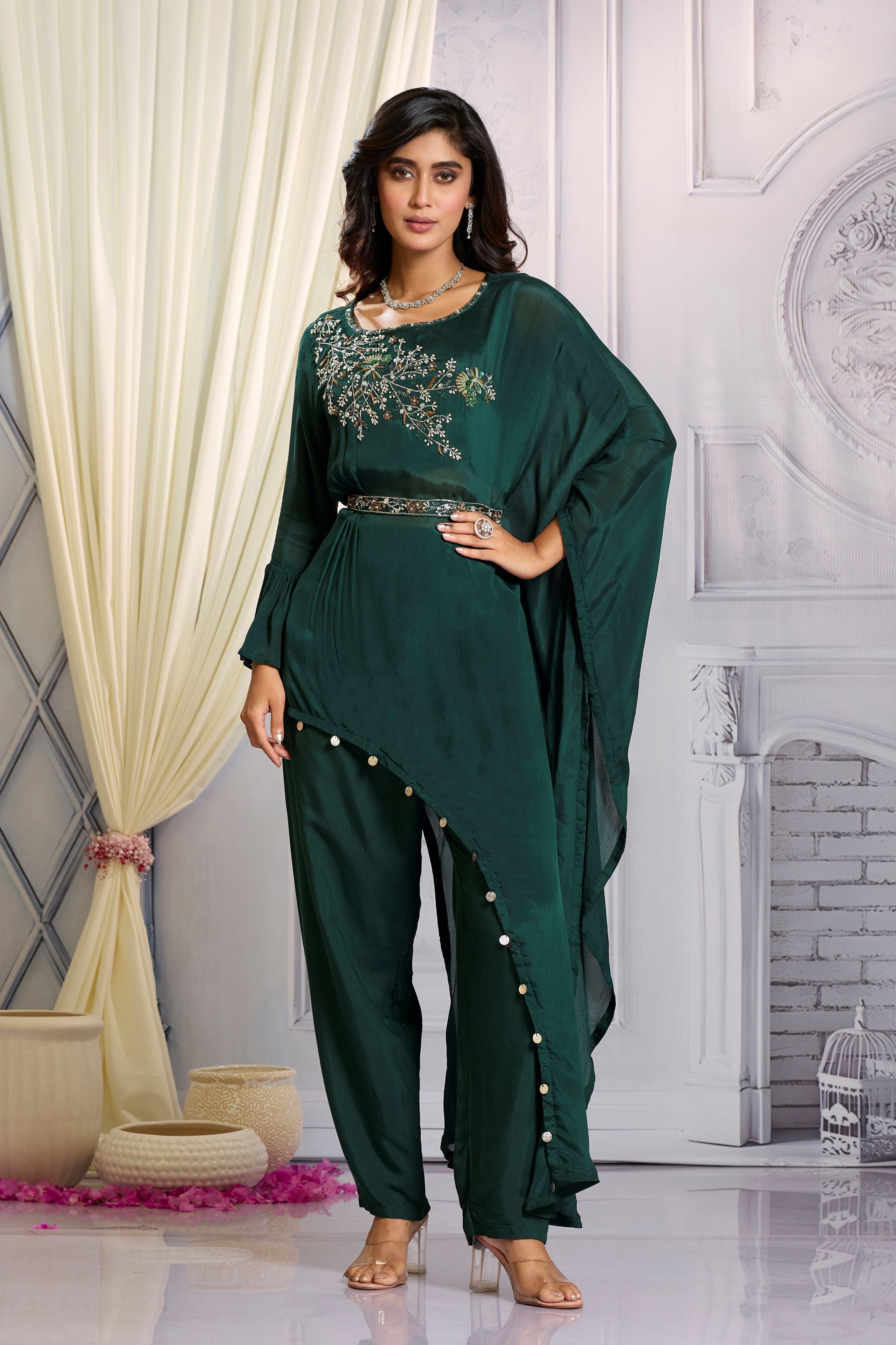 Dark Green Embellished Chinon Silk Co-Ord Set