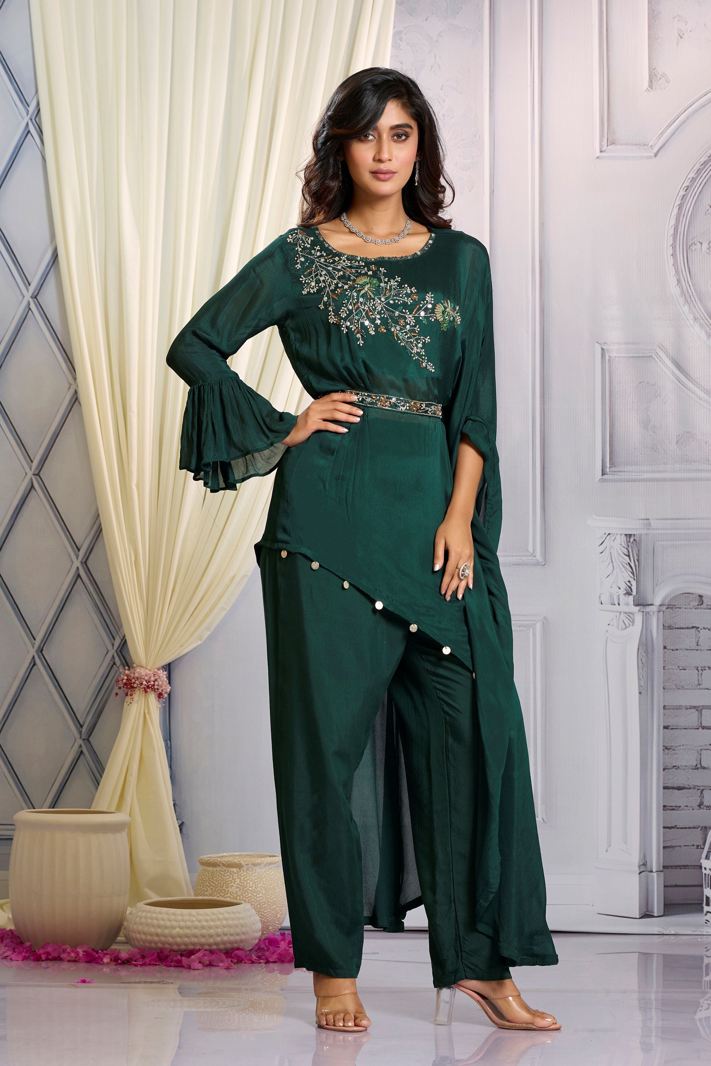 Dark Green Embellished Chinon Silk Co-Ord Set