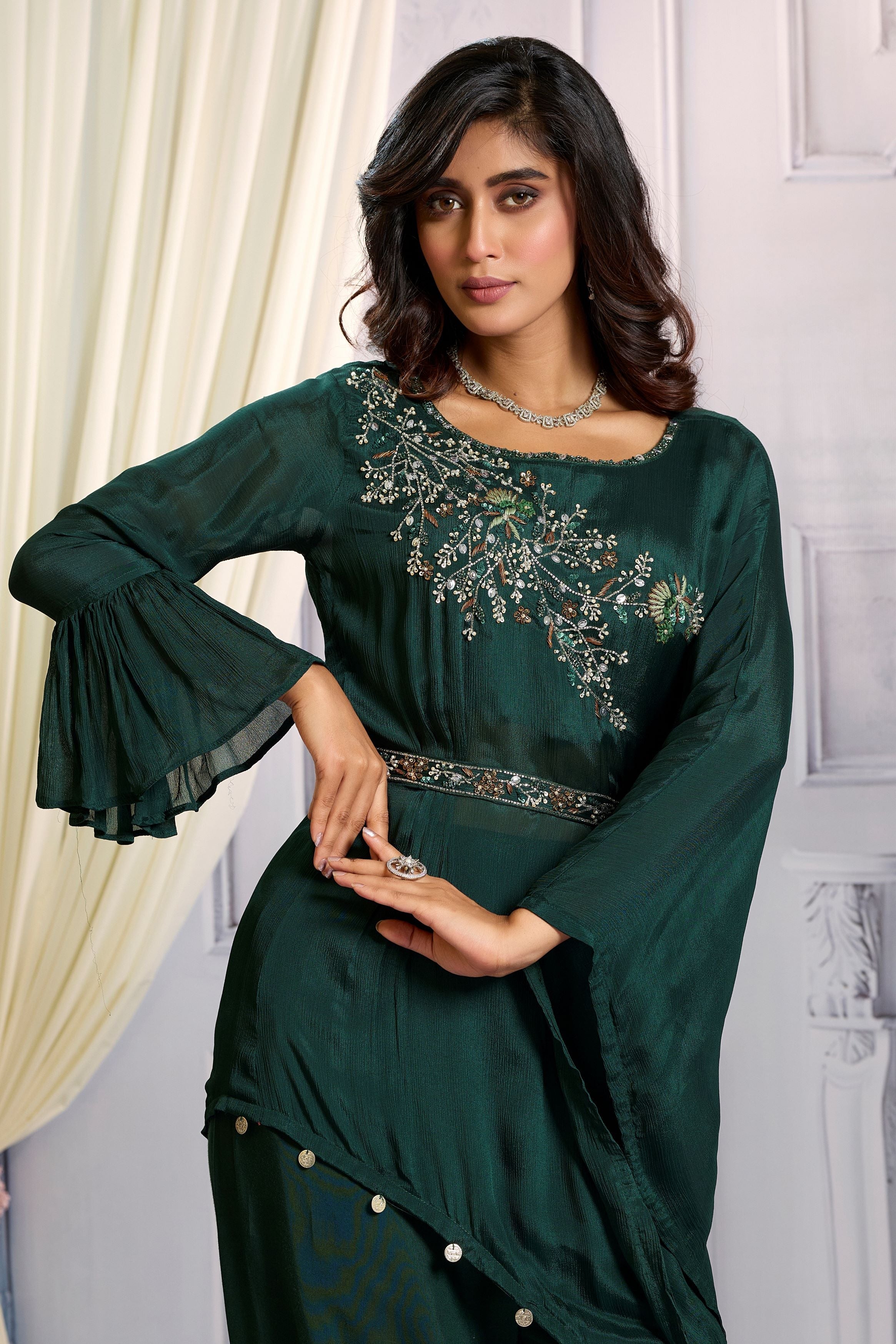 Dark Green Embellished Chinon Silk Co-Ord Set