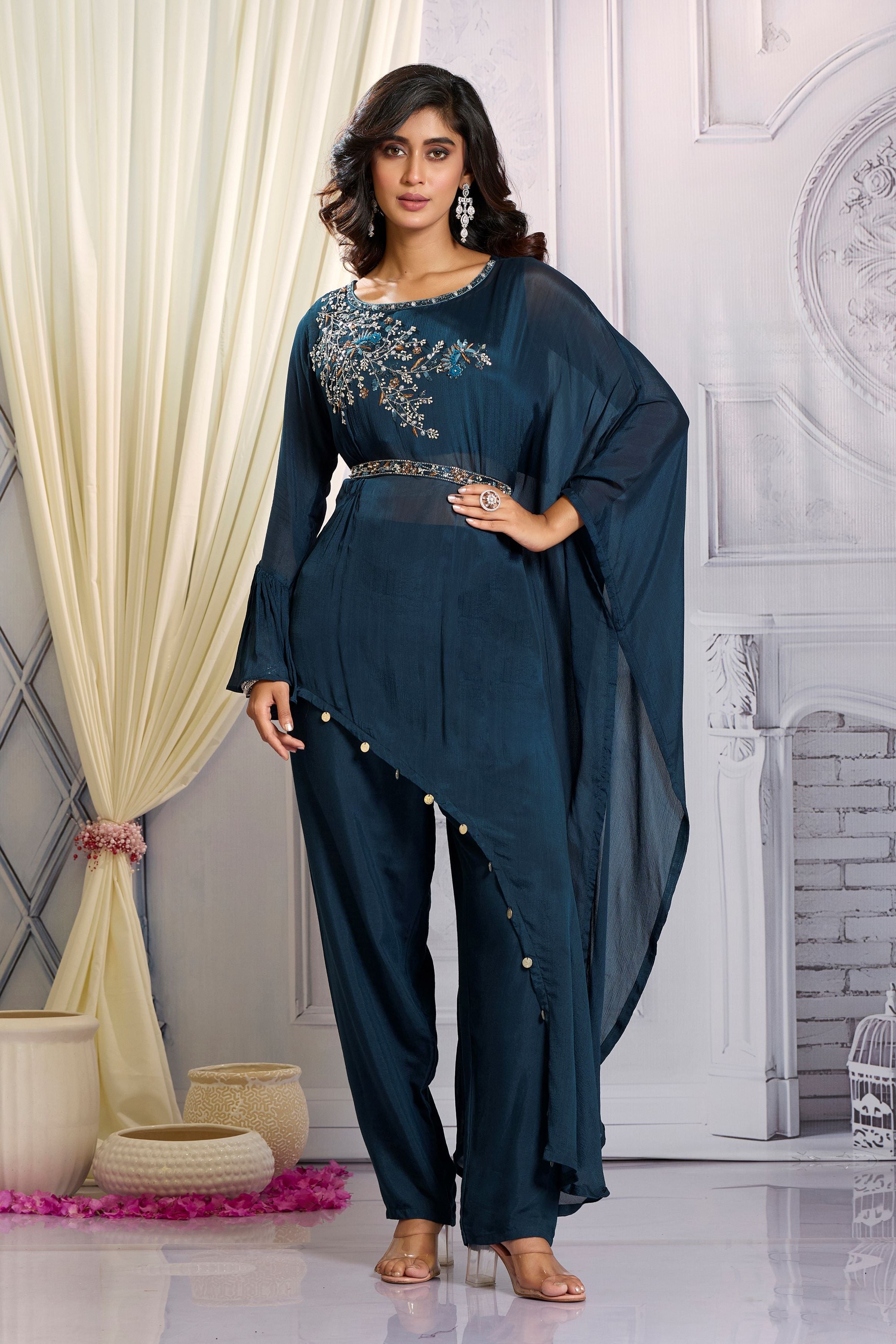 Deep Teal Embellished Chinon Silk Co-Ord Set