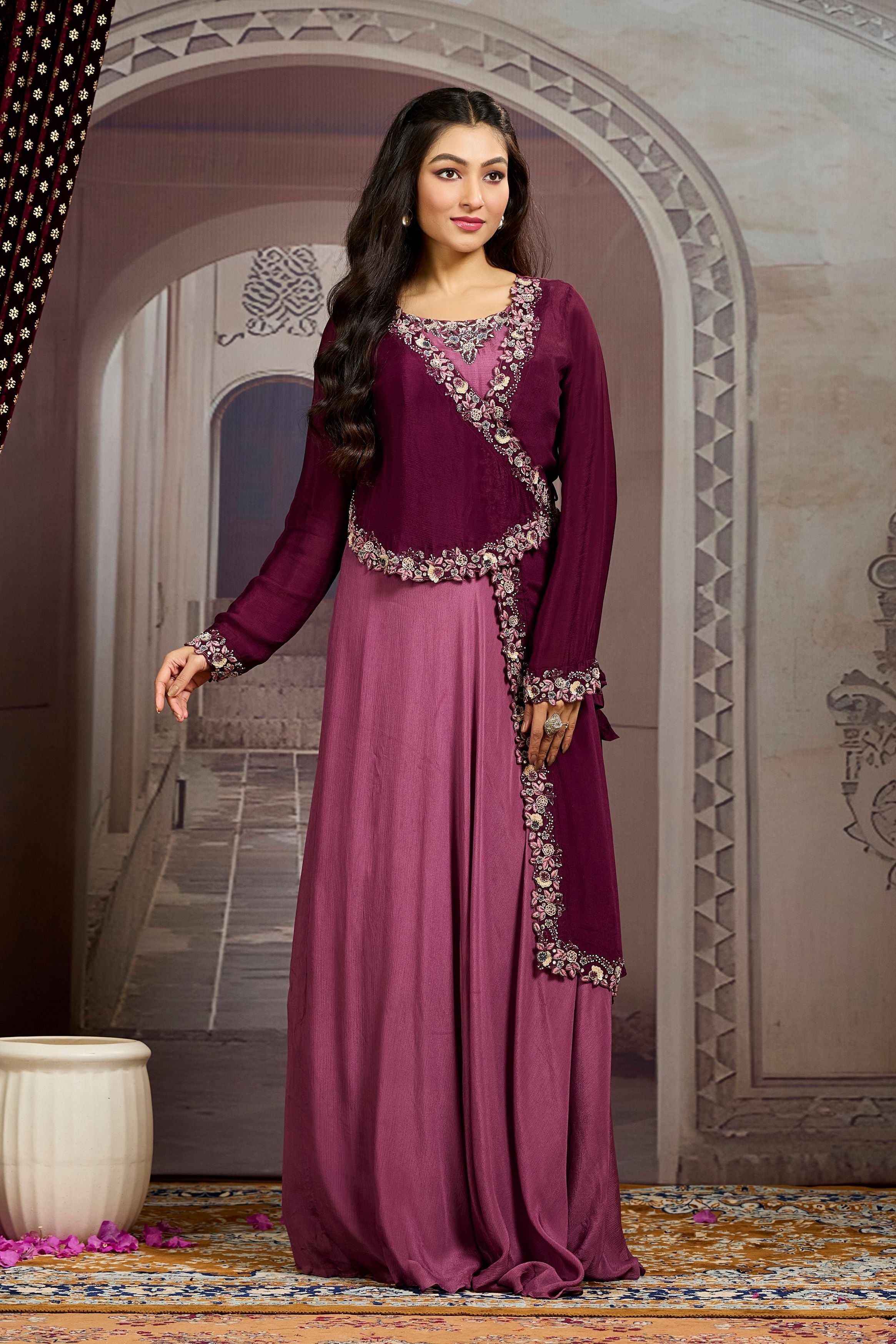 Deep Burgundy Embellished Chinon Silk Gown