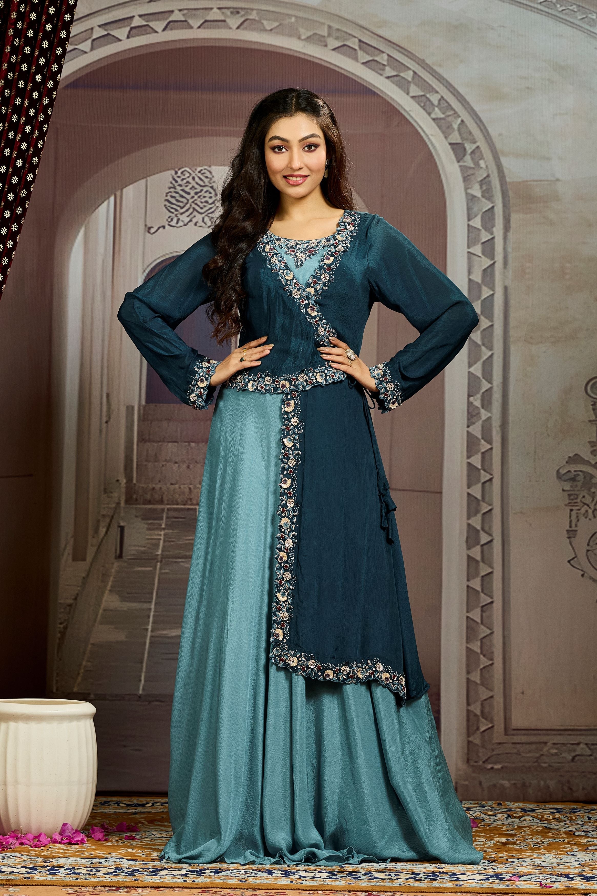 Deep Teal Embellished Chinon Silk Gown