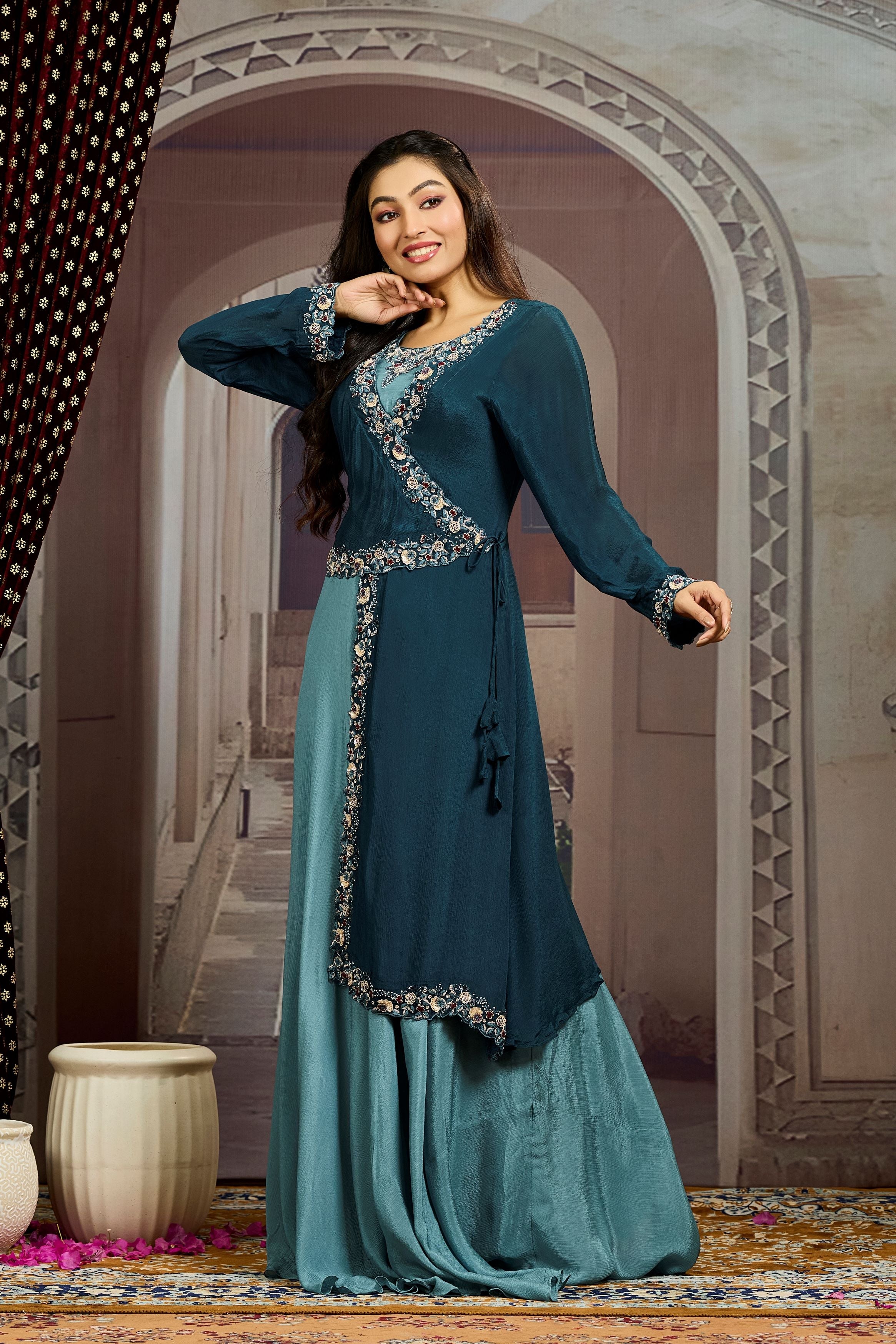 Deep Teal Embellished Chinon Silk Gown